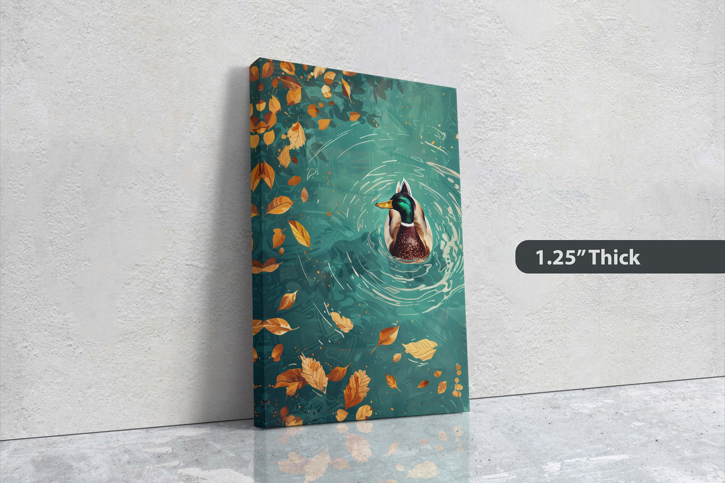 Mallard Duck Fall, Duck in Lake, Framed Canvas, Fall Season, Large Art print, Vertical Print, Leaves in Lake, Tranquil Decor