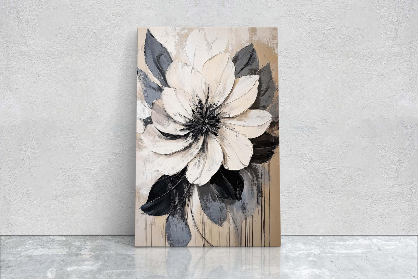 Flower Painting, Black White Flower, Contemporary Art, Beige Black White