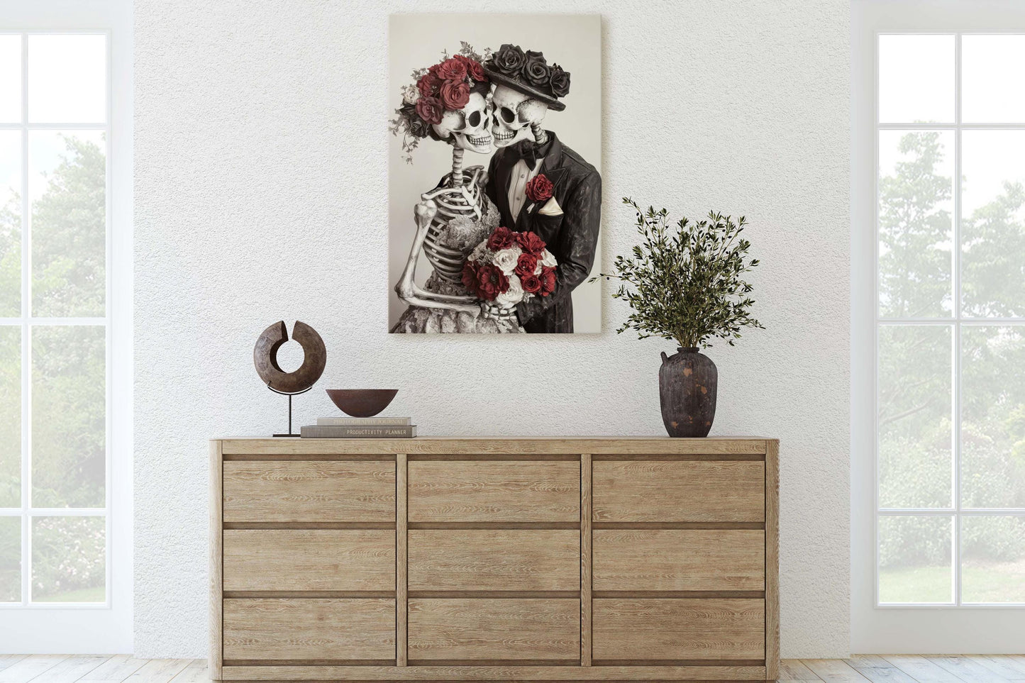 Skeleton Wedding, Bride and Groom, Halloween Decor, Gothic Art, Spooky Art, Bone Marriage