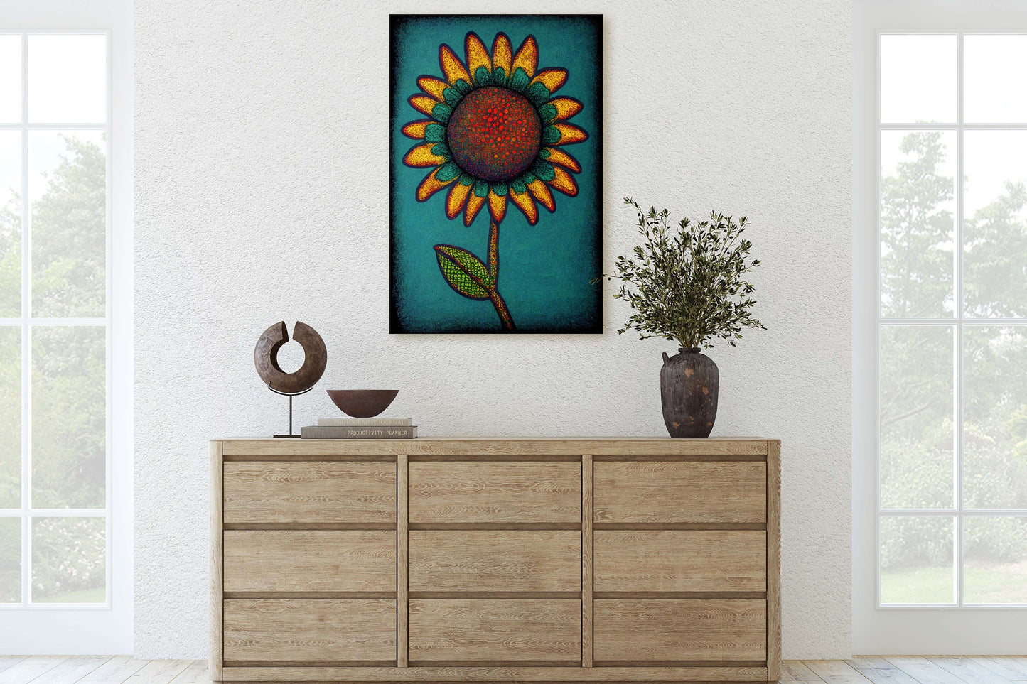 Sunflower, Abstract, Pointillism, Flower Decor, Large Canvas Print, Ready To hang, Farmhouse, Farm, Vertical Print, Modern Art, Contemporary