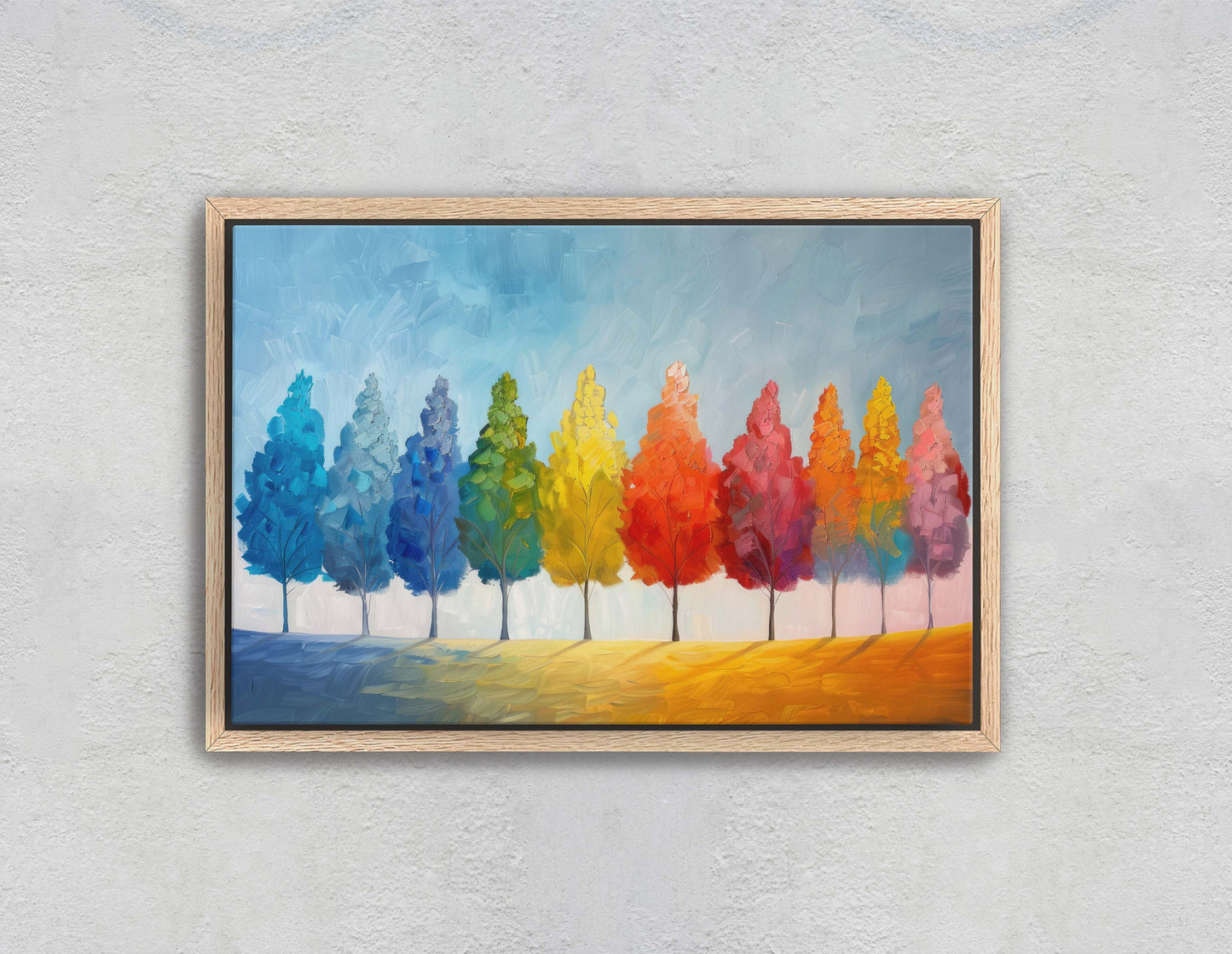 Seasons Painting, Pastel Trees, Rainbow Tree, Spring Summer, Fall Winter, Blue Tones, Colorful Vivid, Framed Canvas, Large Art Print