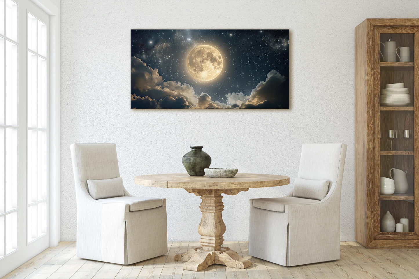 Full Moon Vintage ,Cloudy Moon Sky, Moon Painting, Moon and Stars