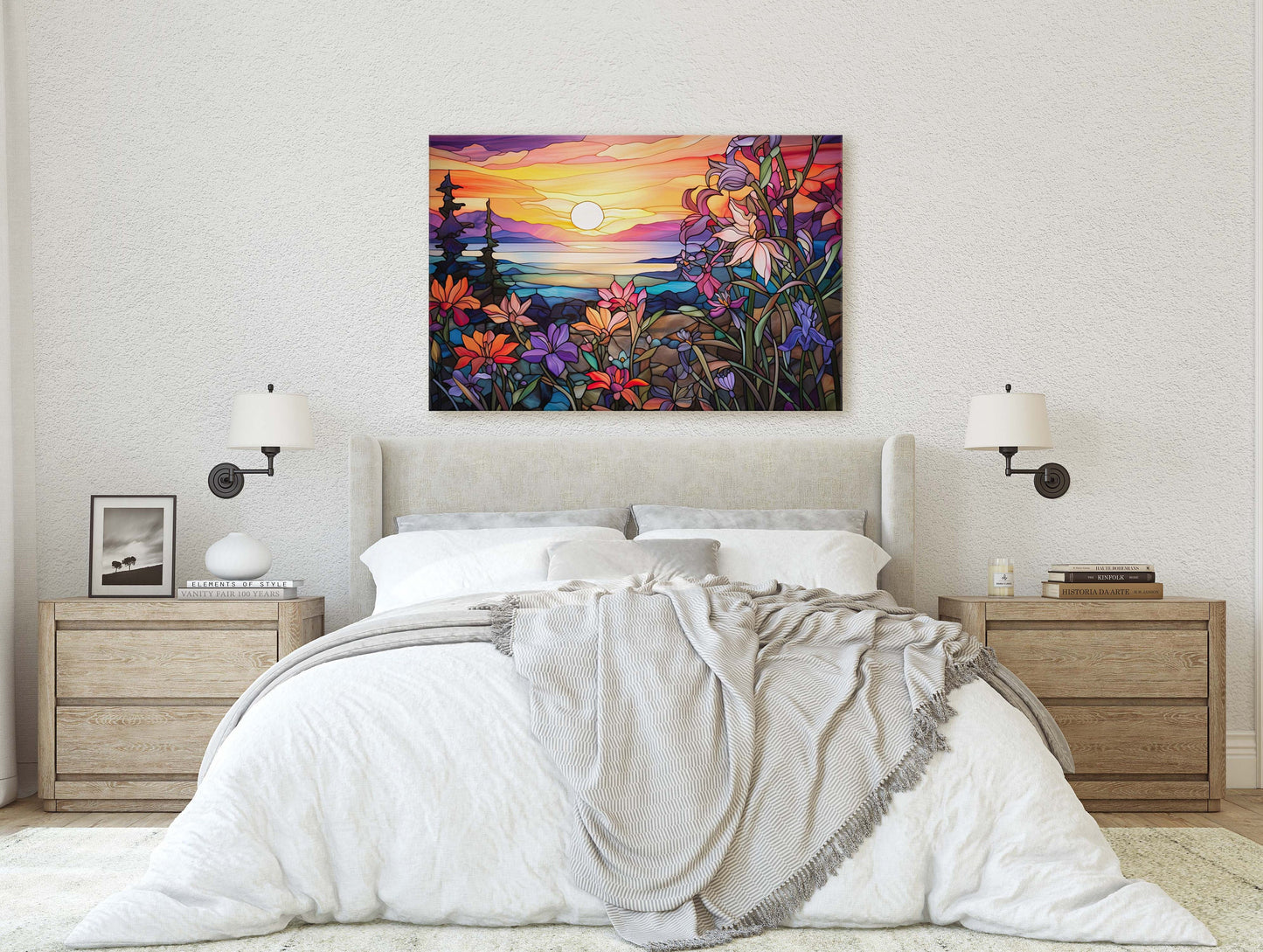 Stained Glass Painting, Faux Stained Glass, Sunset Flowers, Sunrise Field, Mountain Landscape, Framed Canvas, Vivid Colorful
