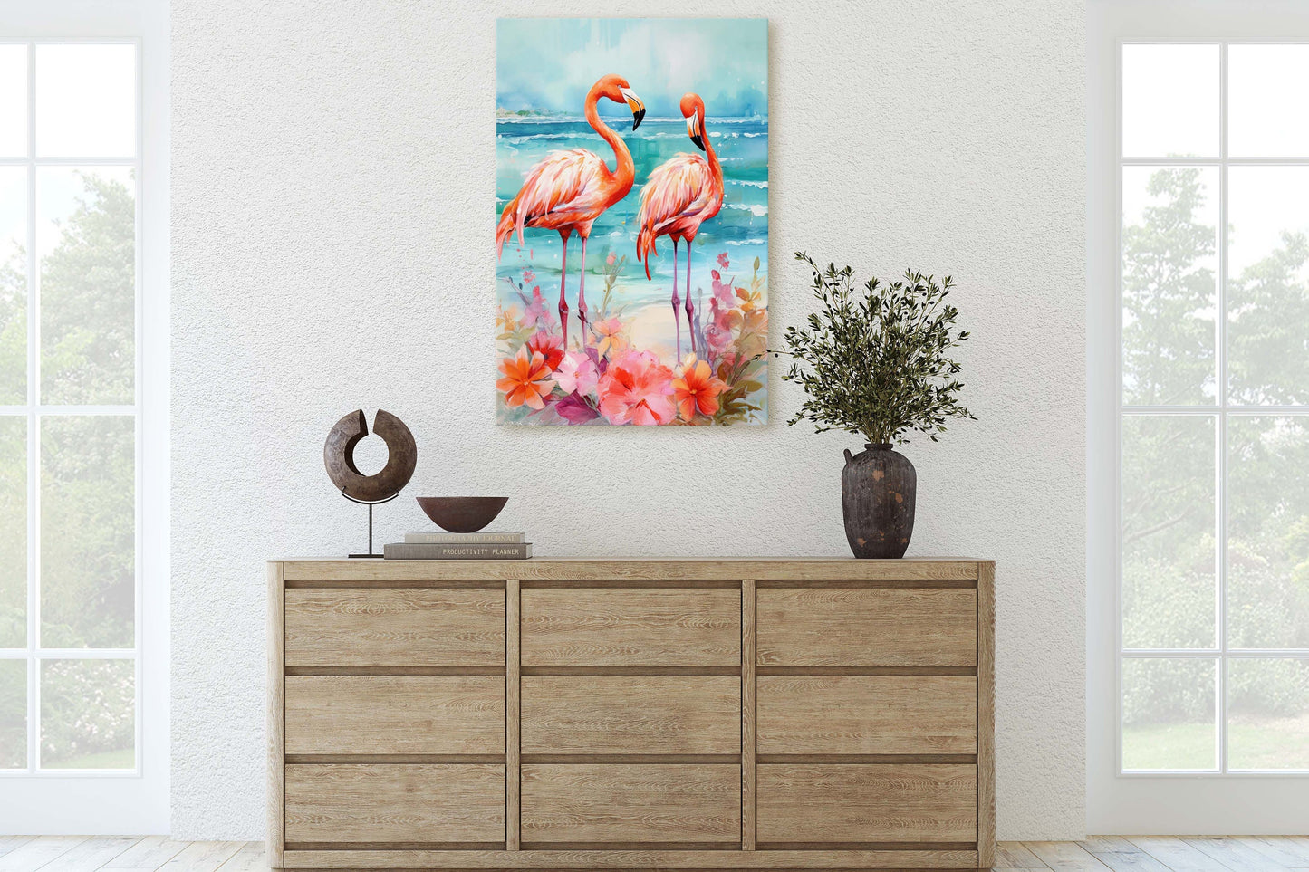 Flamingo Flowers on Canvas, Floral Bird, Beach Art, Framed Canvas, Tropical Art, Blue Water, Animal Print, Bird Lover, Vertical Portrait