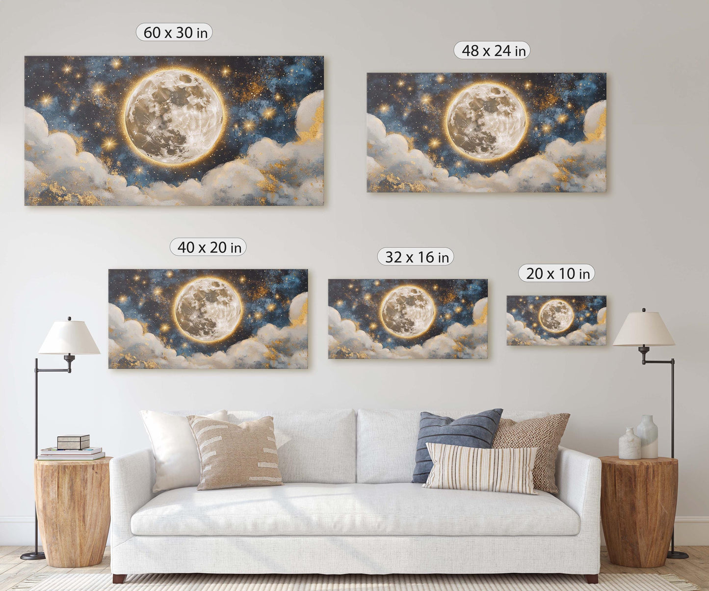 Full Moon Vintage ,Cloudy Moon Sky, Moon Painting, Moon and Stars