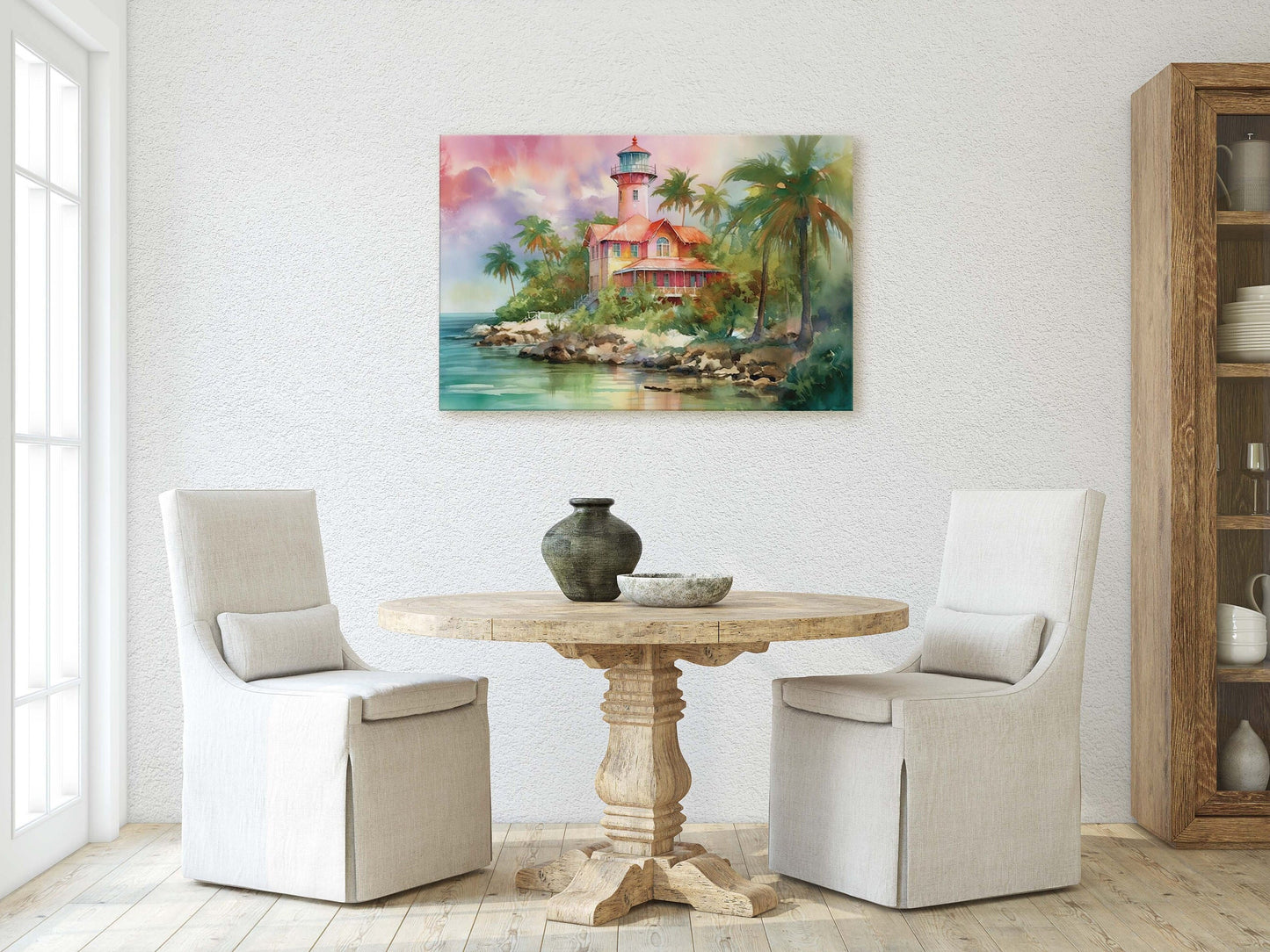 Pink Lighthouse On Canvas, Ocean Painting, Beach House, Watercolor, Palm Trees, Coastal Art, Coastline Villa, Framed Canvas