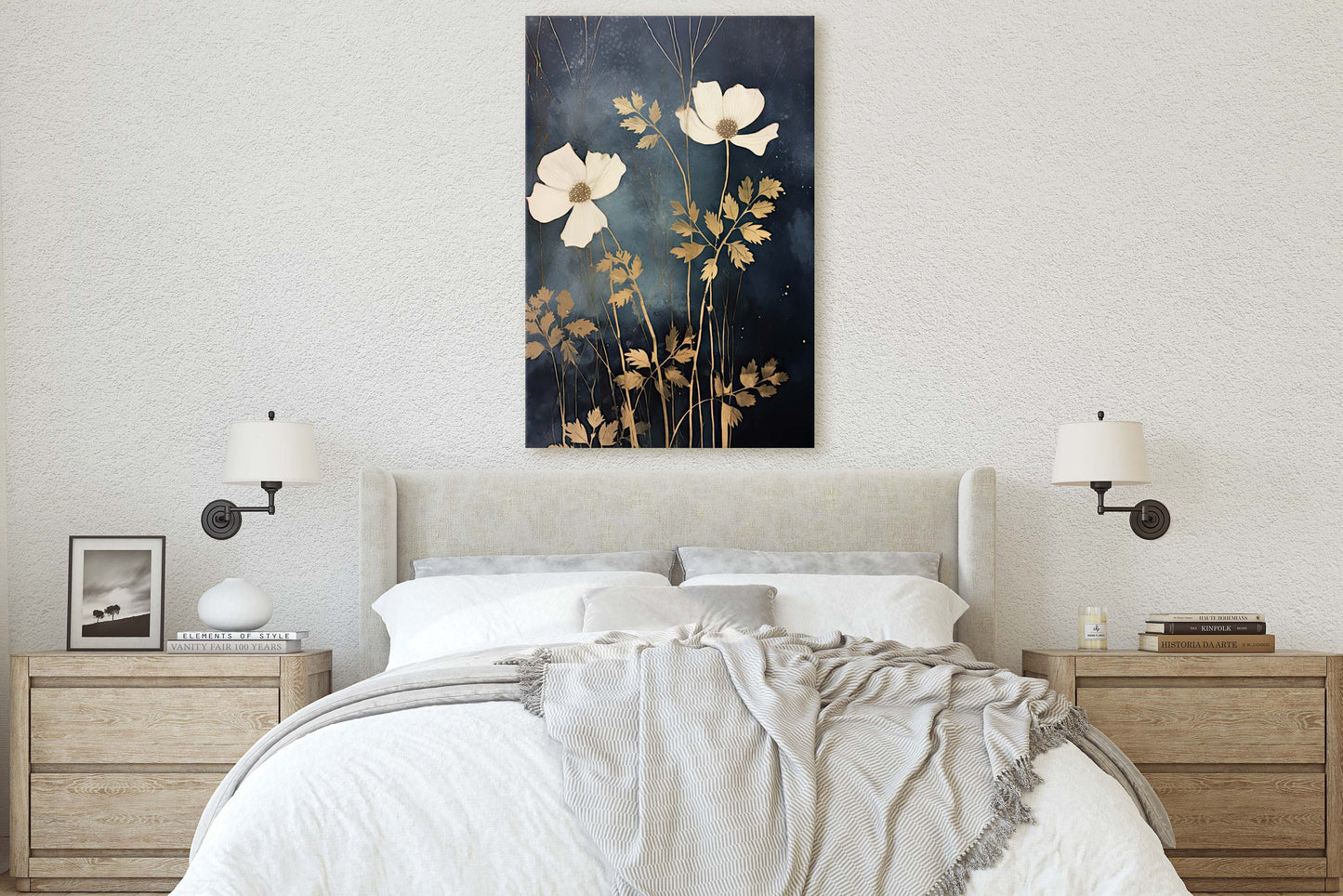 White Flowers, Indigo and Gold, Black and Gold, Wildflowers, Floral Painting, Framed Canvas, Large Print, Simple Bold, Contemporary Modern