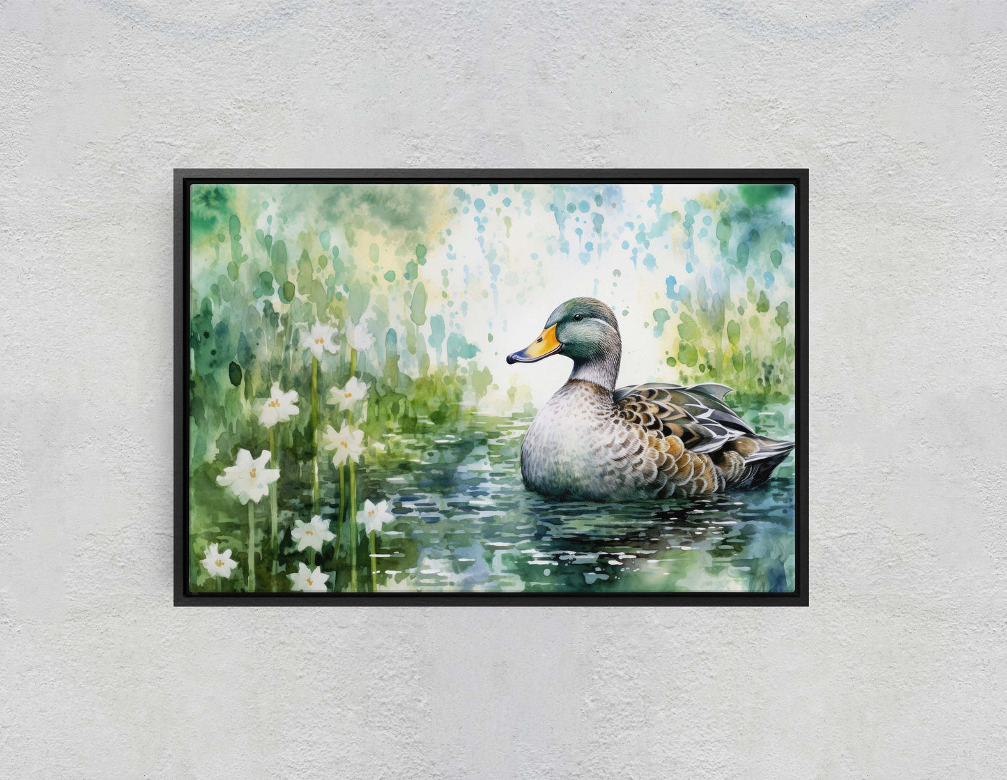 Duck Painting, Duck on Pond, Mallard Duck, Bird Art, Green Pond, Framed Canvas, Large Art Print, Traditional Print, Avian Decor