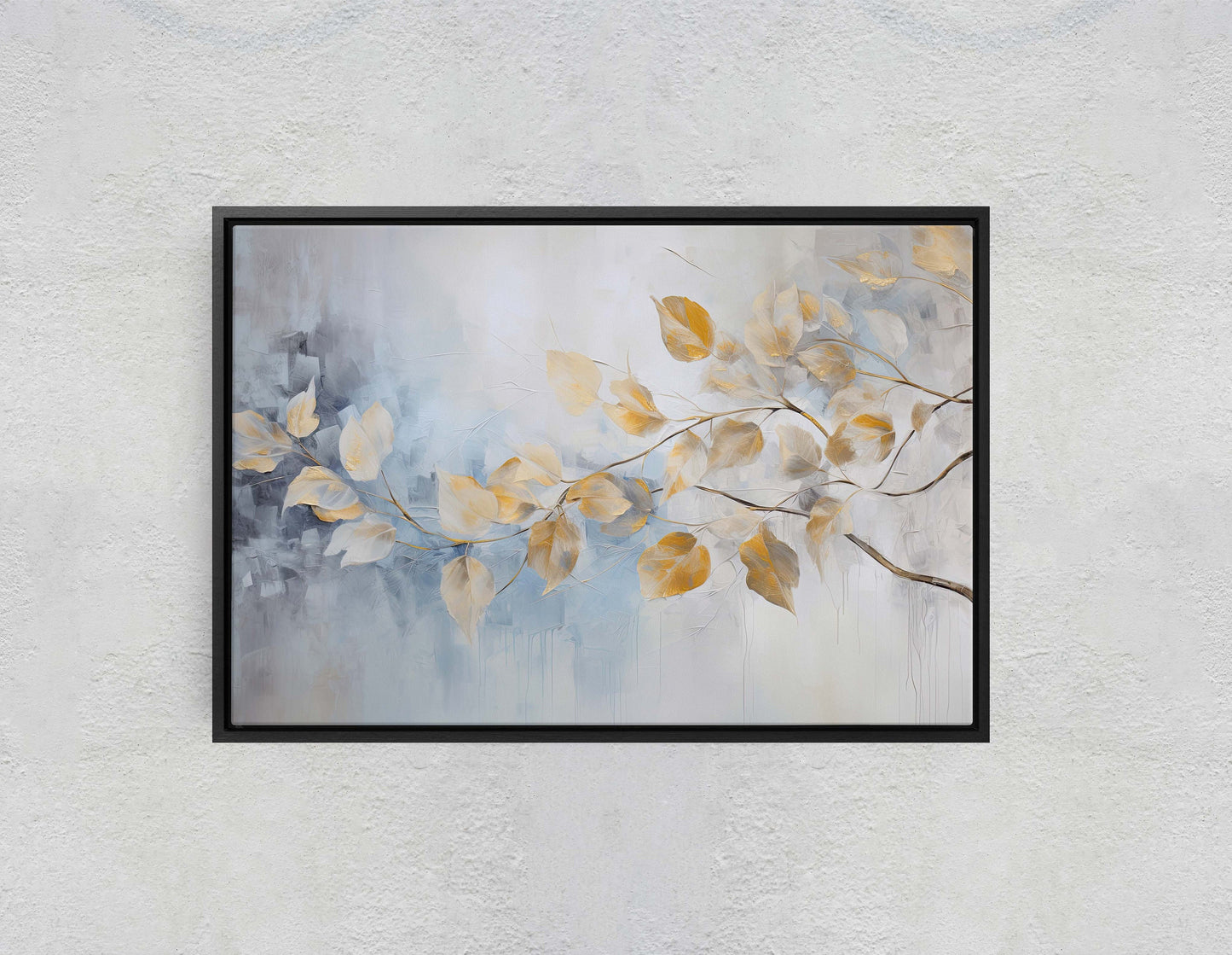 Golden Leaves Rain, Floral Art Painting, Contemporary Canvas, Large Print, Framed Canvas, Neutral Color, Gray and Gold, Blue Tones