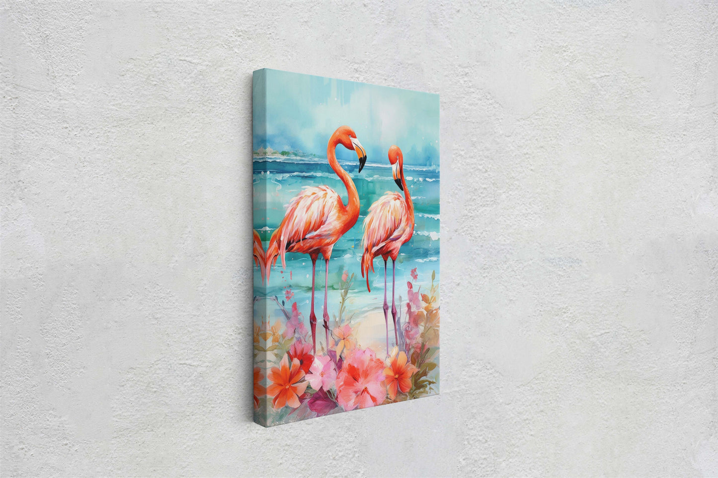 Flamingo Flowers on Canvas, Floral Bird, Beach Art, Framed Canvas, Tropical Art, Blue Water, Animal Print, Bird Lover, Vertical Portrait