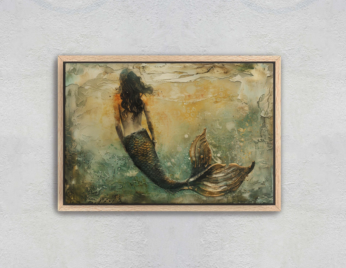 Mermaid Alone, Nautical Artwork, Ocean Decor, Mythical Creature, Fantasy Decor, Faux Metal, Framed Canvas, Extra Large Print