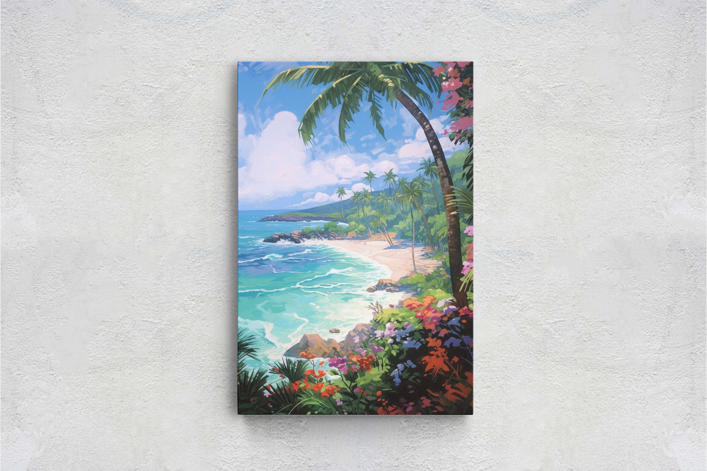 Flower Beach on Canvas, Coastal Painting, Palm Tree, Tropical Island, Framed Canvas, Palm Coast, Green Water, Blue Water