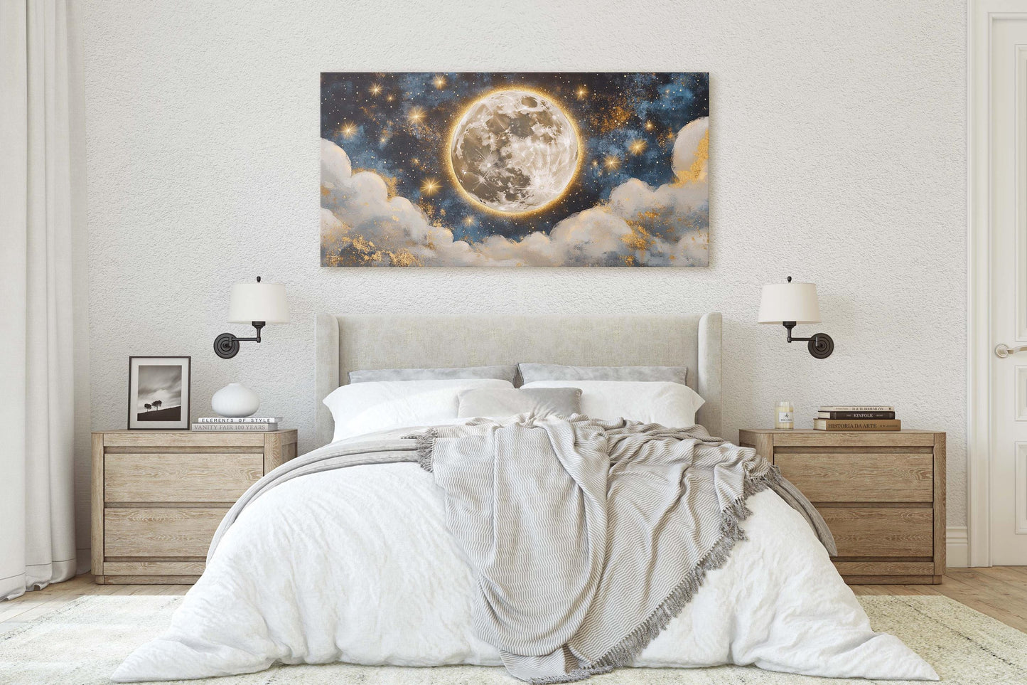 Full Moon Vintage ,Cloudy Moon Sky, Moon Painting, Moon and Stars