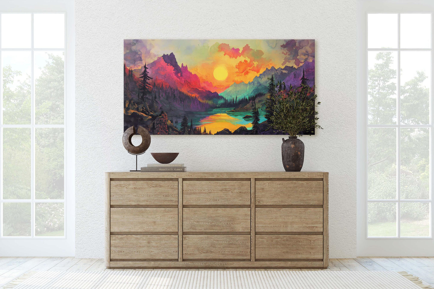 Colorful Mountain Sunrise on Canvas, Smoky Forest, Foggy Mountains, Vibrant Color, Abstract Art