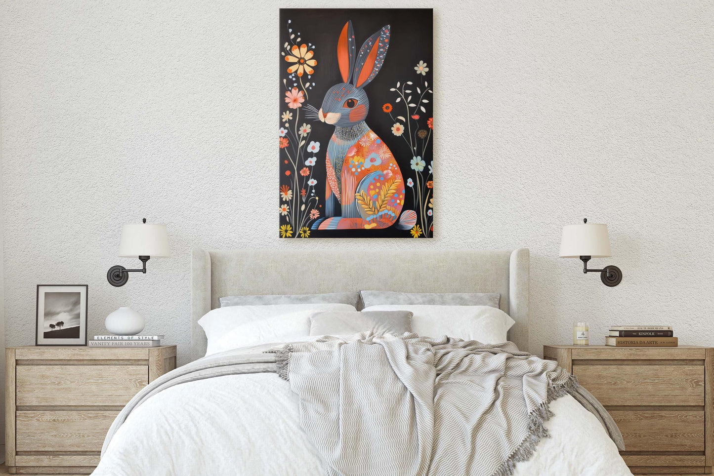 Scandinavian Rabbit, Folk Art, Celestial Art, Framed Canvas, Dark Print, Nature Print, Whimsical