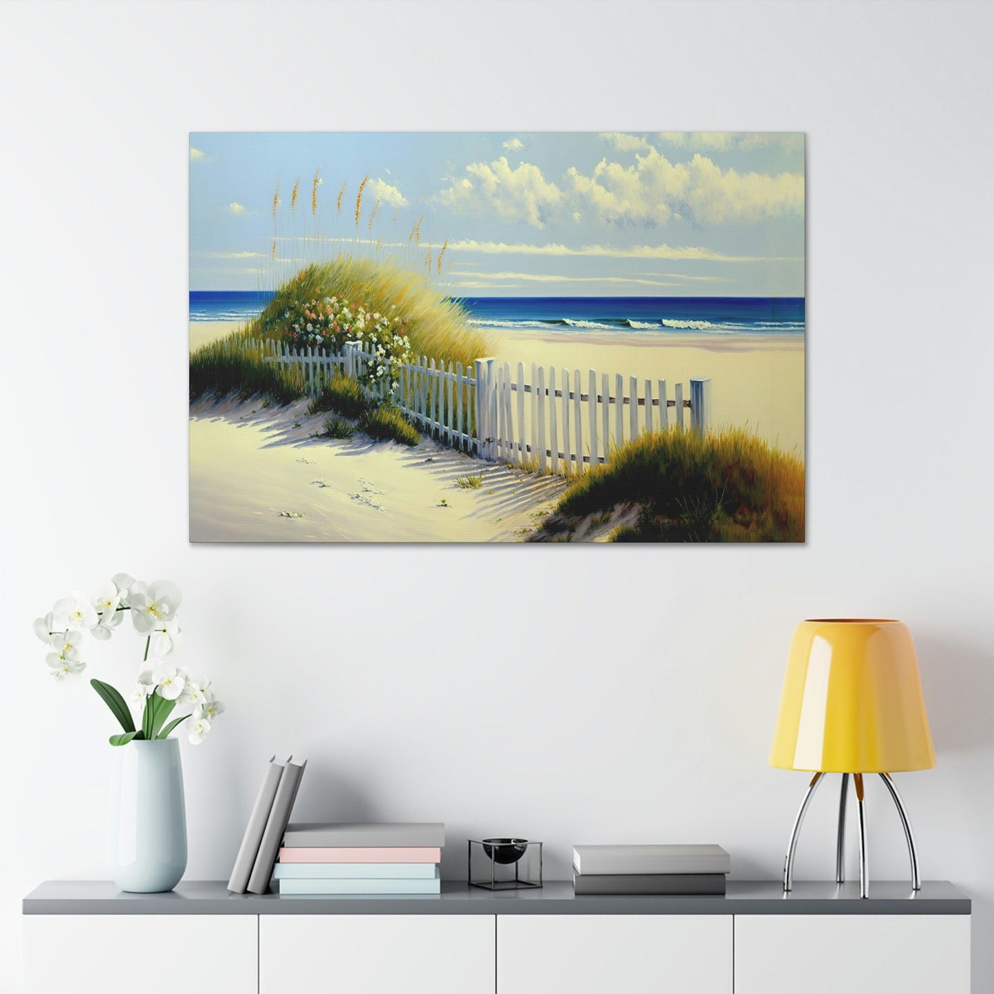 Beach White Picket Fence Canvas Art Ready To Hang Large Print, Oil Painting, Landscape