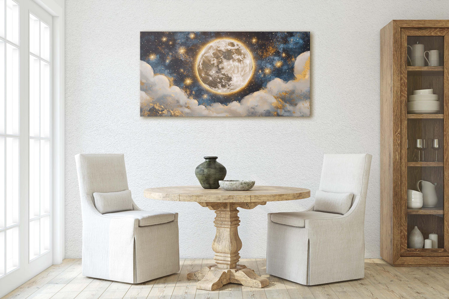 Full Moon Vintage ,Cloudy Moon Sky, Moon Painting, Moon and Stars