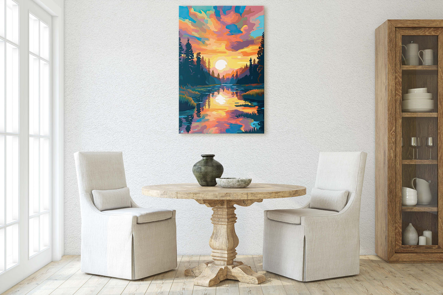 Lake at Sunset, Fauvist Color, Calm Water, Chromatic, Impressionist Art, Landscape Decor, Nature Painting, Ready to Hang, Canvas Print