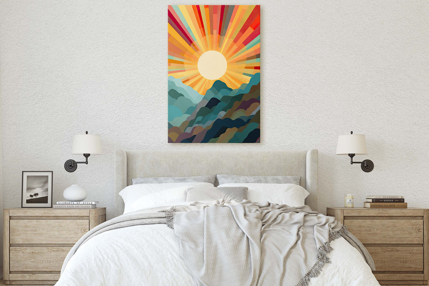 Sunshine Mountain on Canvas, Sunset Decor, Flat Art, Vibrant Color, Bold Art, Vertical, Abstract, Mid Century Modern, Scandinavian Print
