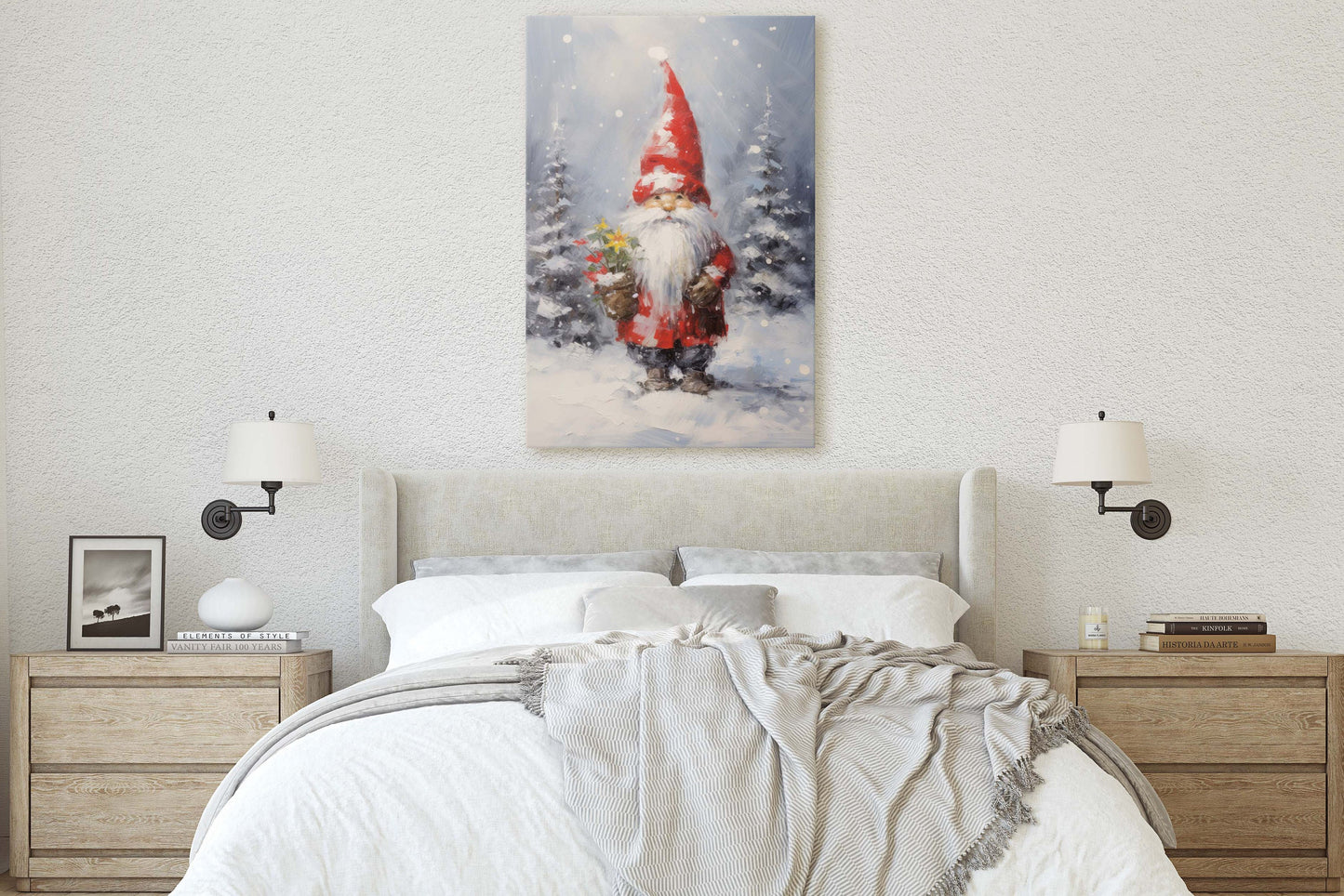 Christmas Elf, Christmas Gnome, Santa Clause Flower, Cute Santa, Christmas Decor, Xmas Painting, Framed Canvas