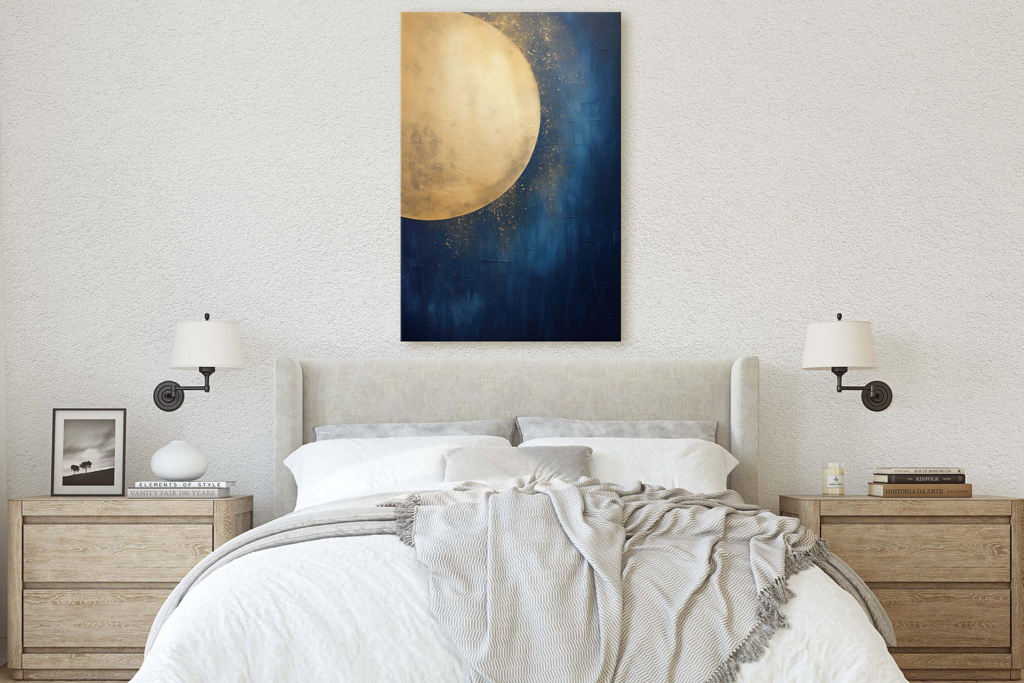 Gold Moon on Indigo, Moon Painting, Minimalist Art, Circle Indigo, Maximalist Art, Contemporary Decor, Celestial Art, Space Decor, Night Sky