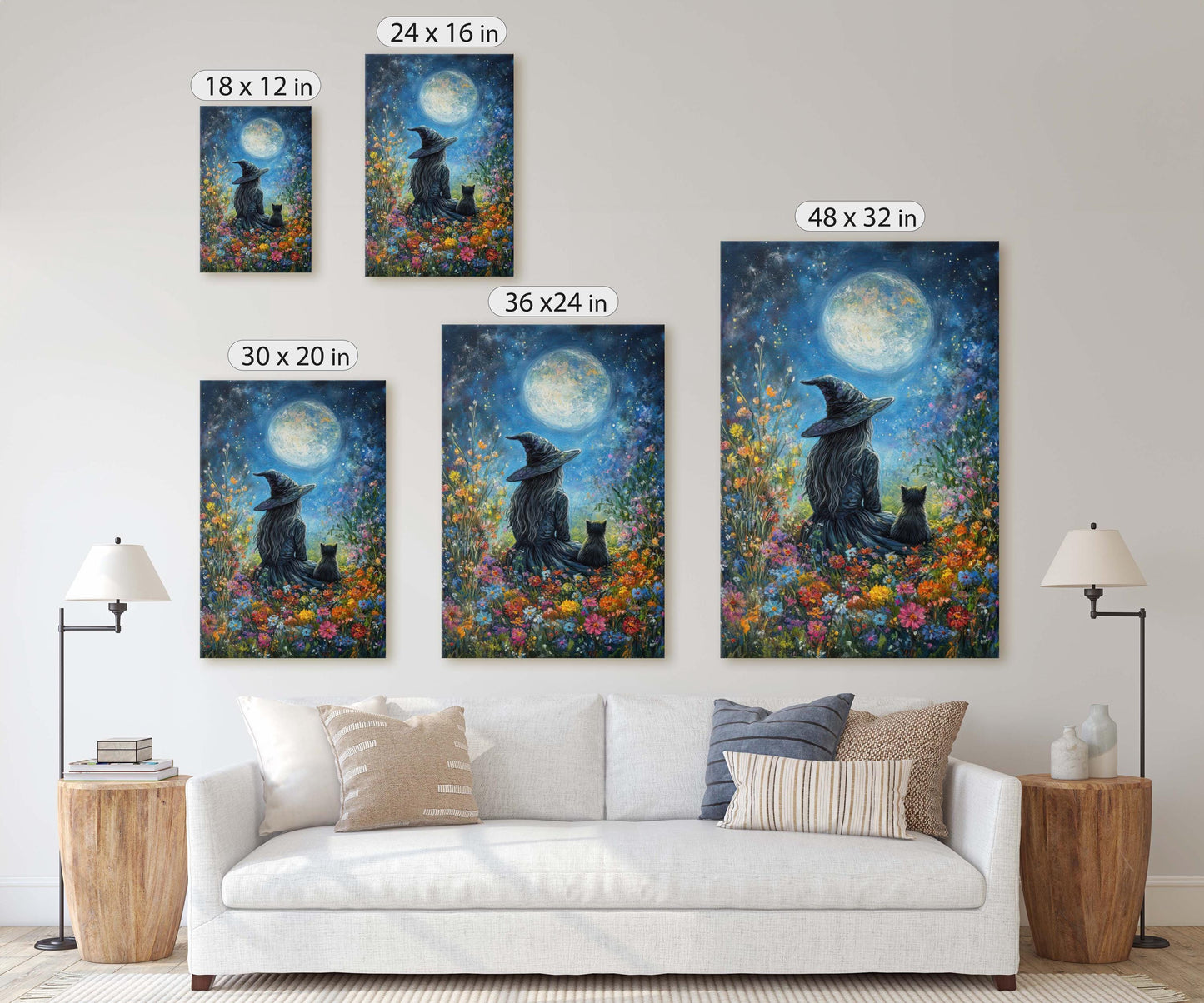 Witch Full Moon, Black Cat Wildflowers, Halloween Decor, Whimsical Halloween, Whimsy Night Stars