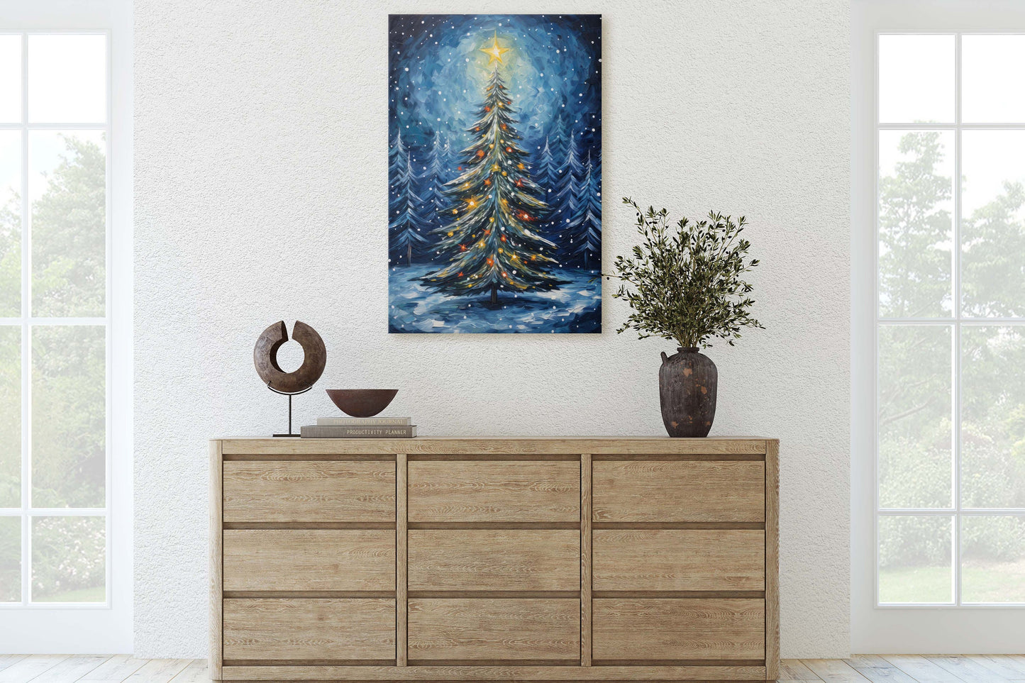 Starry Christmas Tree, Starry Night, Christmas Painting, Xmas Decor, Framed Canvas, Large Painting, Festive Print, Winter Art