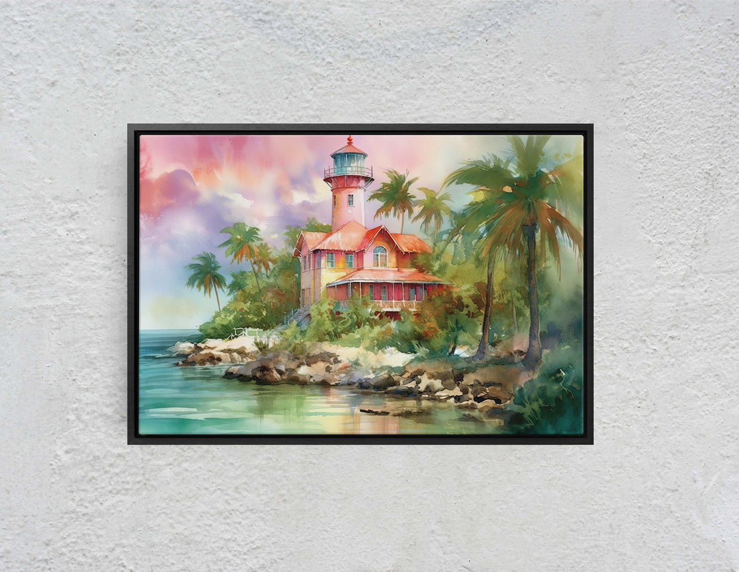 Pink Lighthouse On Canvas, Ocean Painting, Beach House, Watercolor, Palm Trees, Coastal Art, Coastline Villa, Framed Canvas