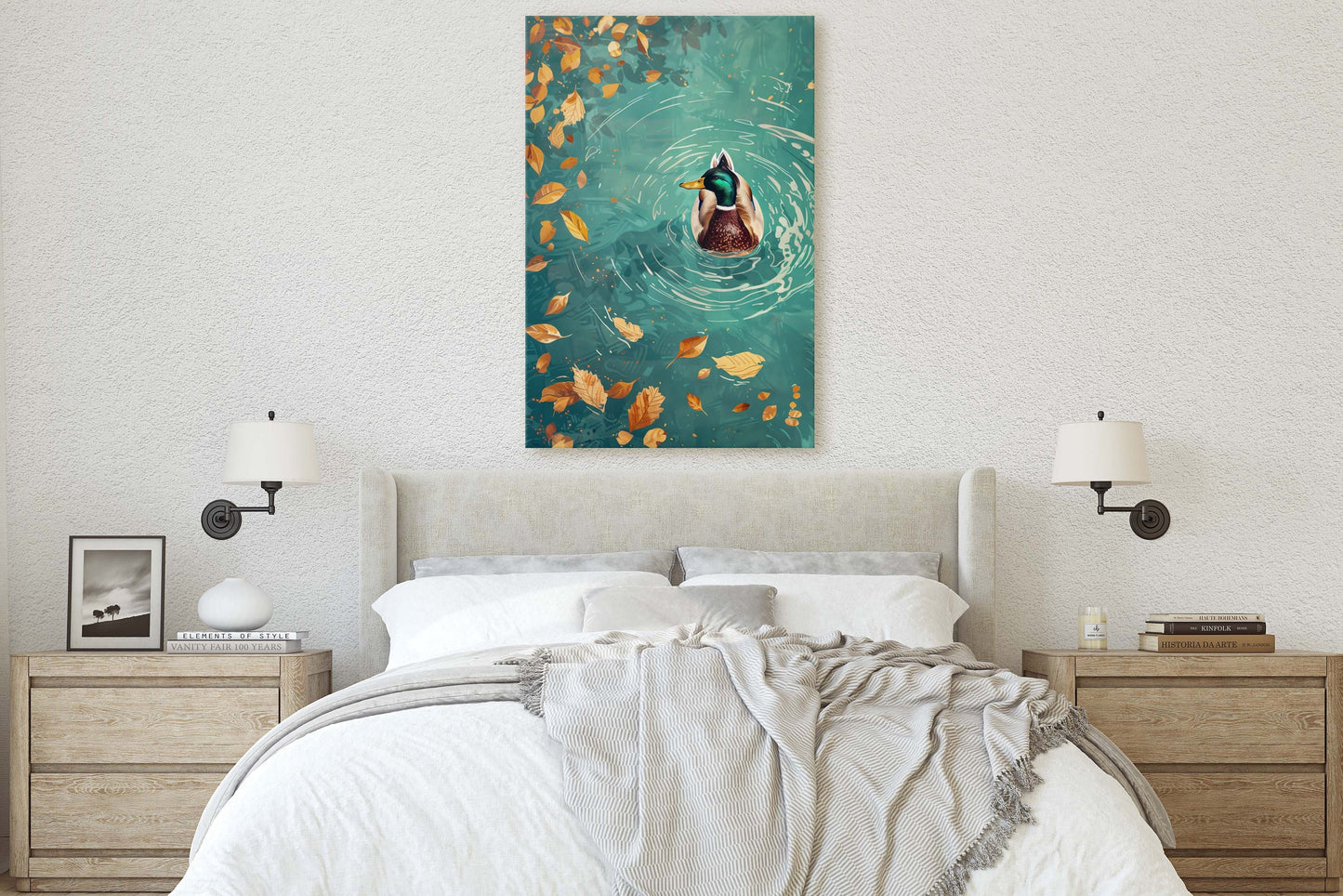Mallard Duck Fall, Duck in Lake, Framed Canvas, Fall Season, Large Art print, Vertical Print, Leaves in Lake, Tranquil Decor