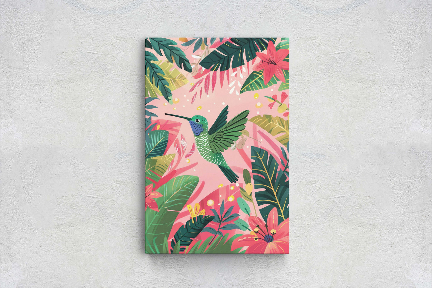 Hummingbird Illustration, Framed Canvas, Tropical Art, Maximalist Jungle, Botanical Print, Bold Eclectic, Pink Art