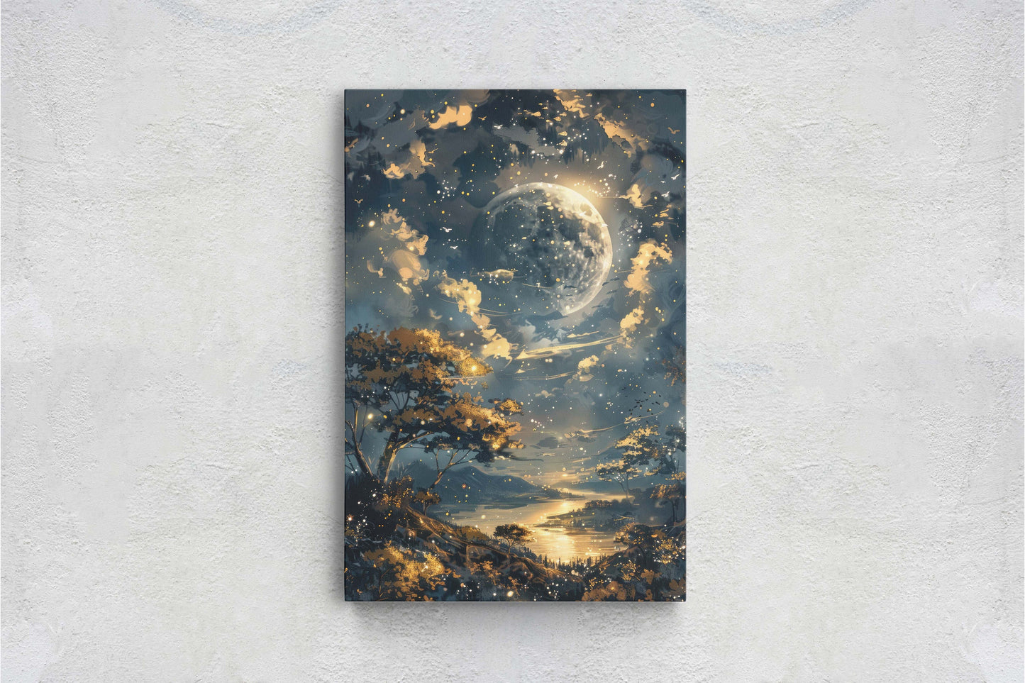 Full Moon, Celestial Painting, Night Sky, Golden Glow, Majestic Landscape, Framed Canvas, Large Art Print