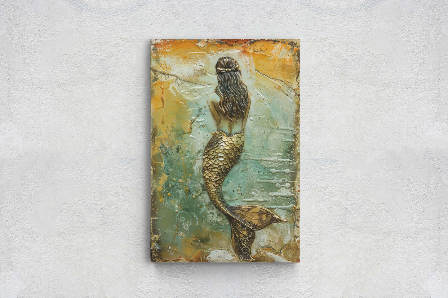 Rustic Mermaid, Faux metal art, Mythical Creature, Ocean Decor, Framed Canvas, Large Art print, Fantasy Painting