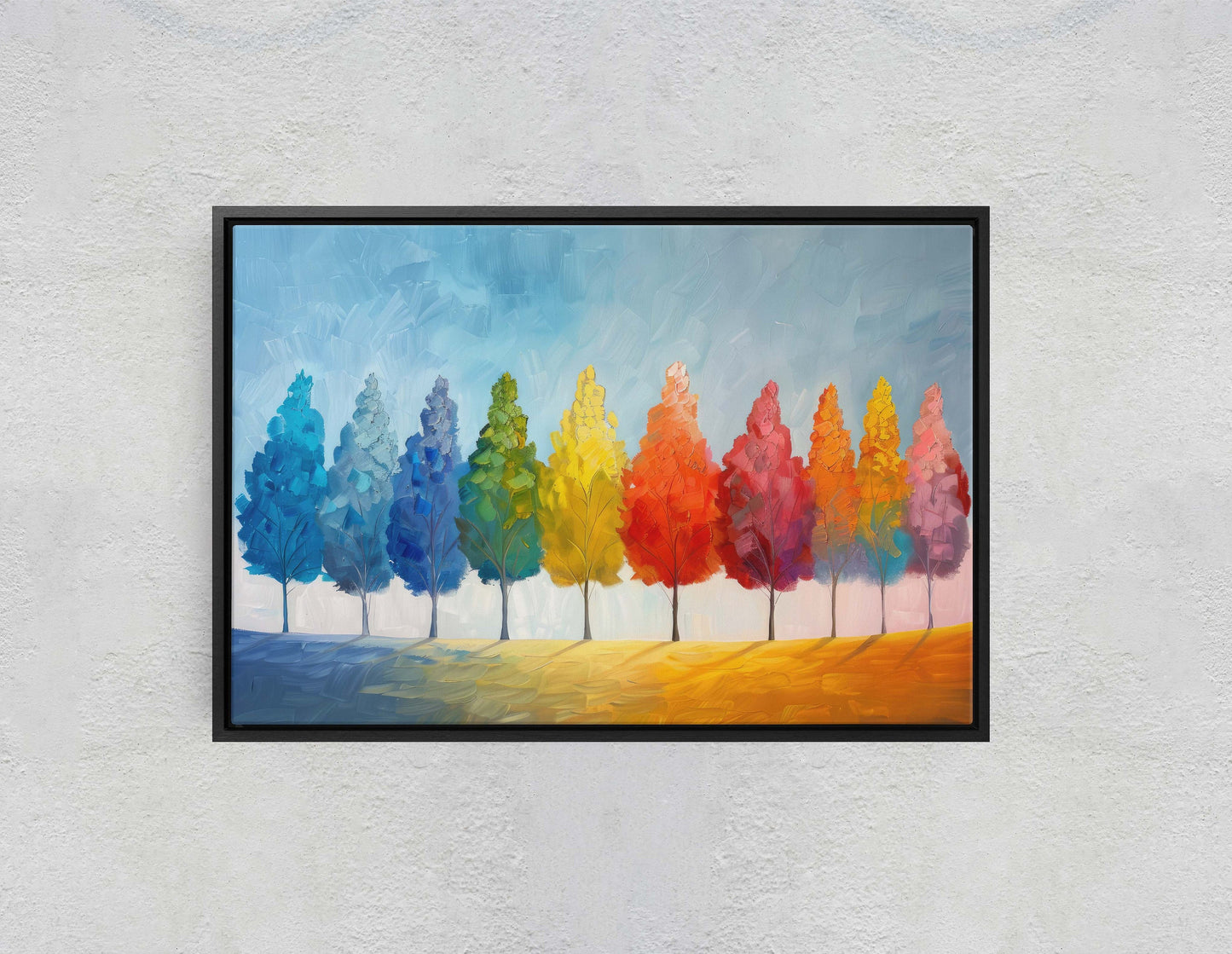 Seasons Painting, Pastel Trees, Rainbow Tree, Spring Summer, Fall Winter, Blue Tones, Colorful Vivid, Framed Canvas, Large Art Print