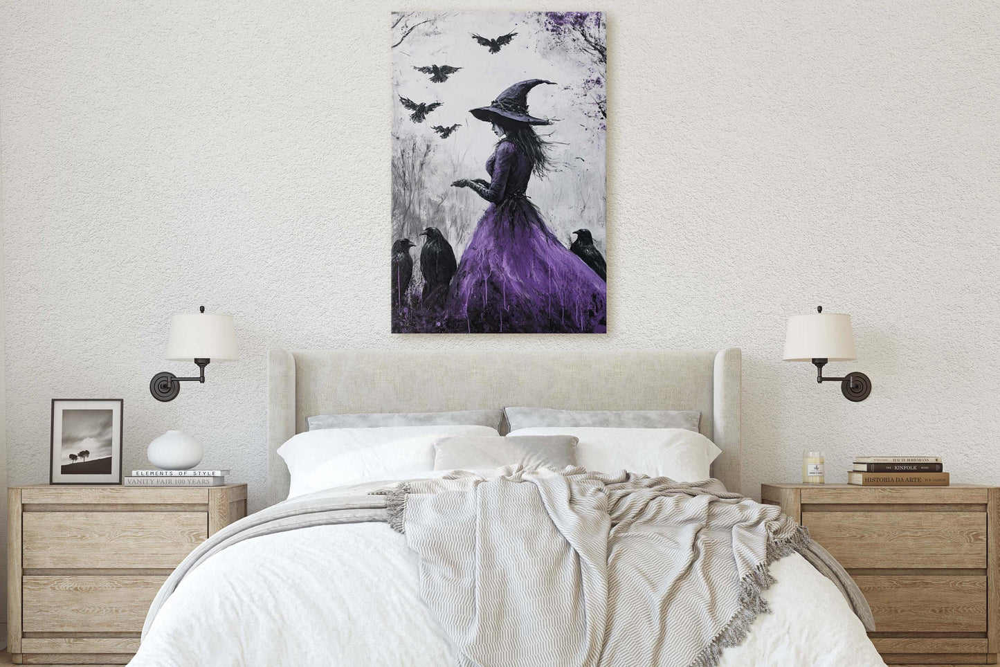 Purple Witch, Raven Art, Canvas Print, Gothic Halloween, Whimsical Decor, Halloween Art,