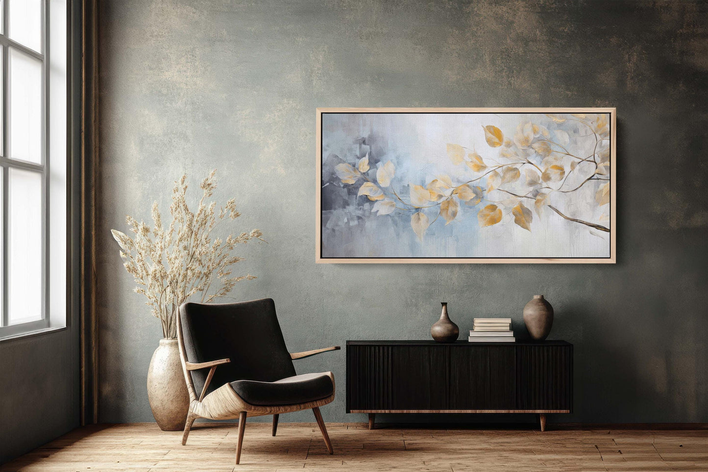 Golden Branches Leaves, Canvas print, Neutral Tones, Floral Art Painting, Contemporary Canvas, Neutral Color, Gray and Gold, Blue Tones