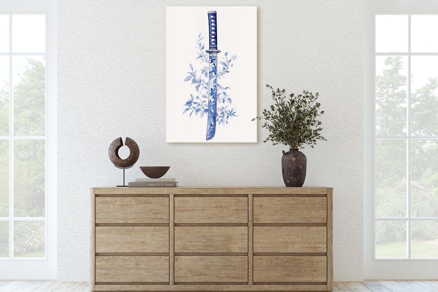 Blue Willow Katana, Samurai Sword, Vintage Art, chinoiserie Design
