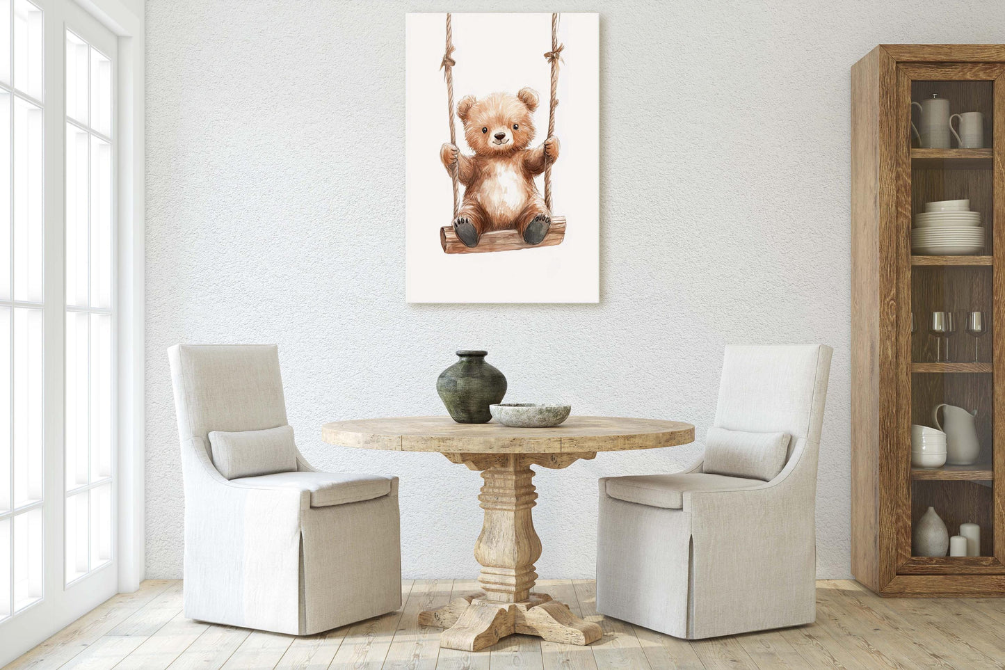 Cute Bear Swinging, Bear Art, Childrens Decor, Kids Art, Girls Room, Boys Room