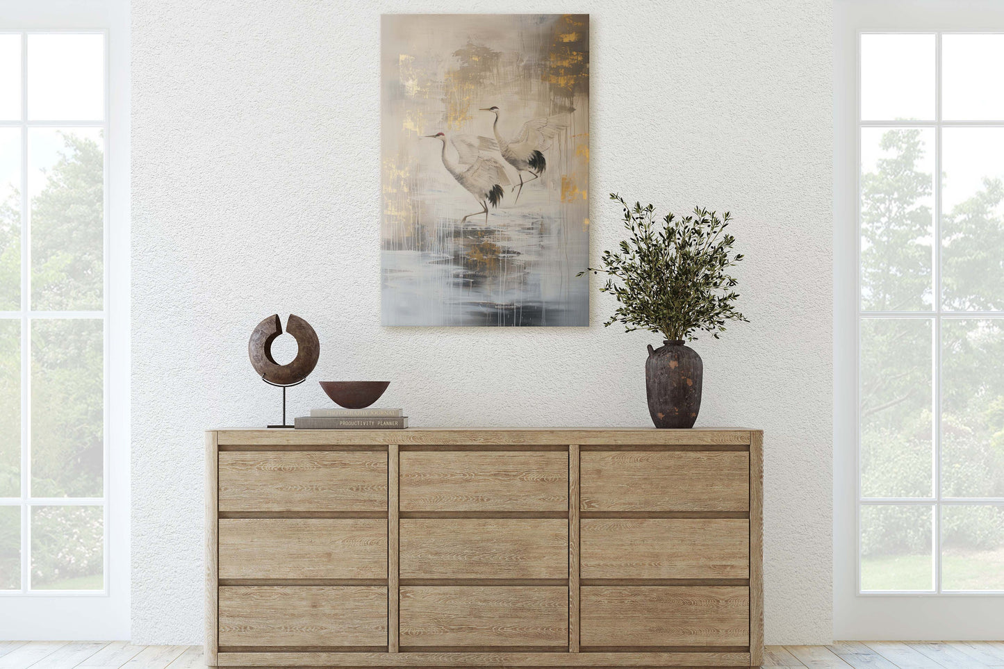 Gold Japanese Cranes, Gold and Beige, Minimalist Art, Heron Decor, Framed Canvas, Japandi Print, Extra Large, Neutral Tones