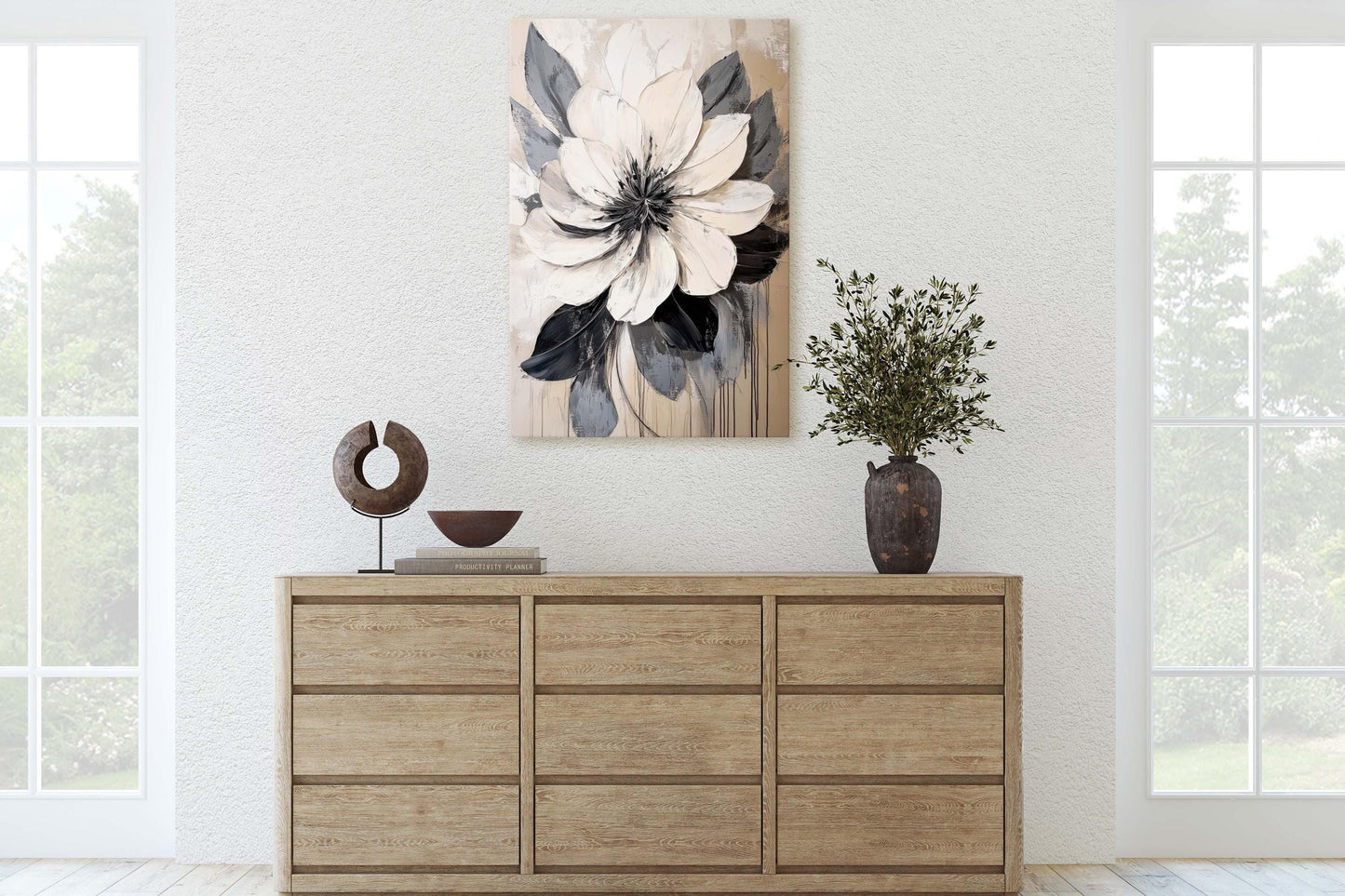 Flower Painting, Black White Flower, Contemporary Art, Beige Black White