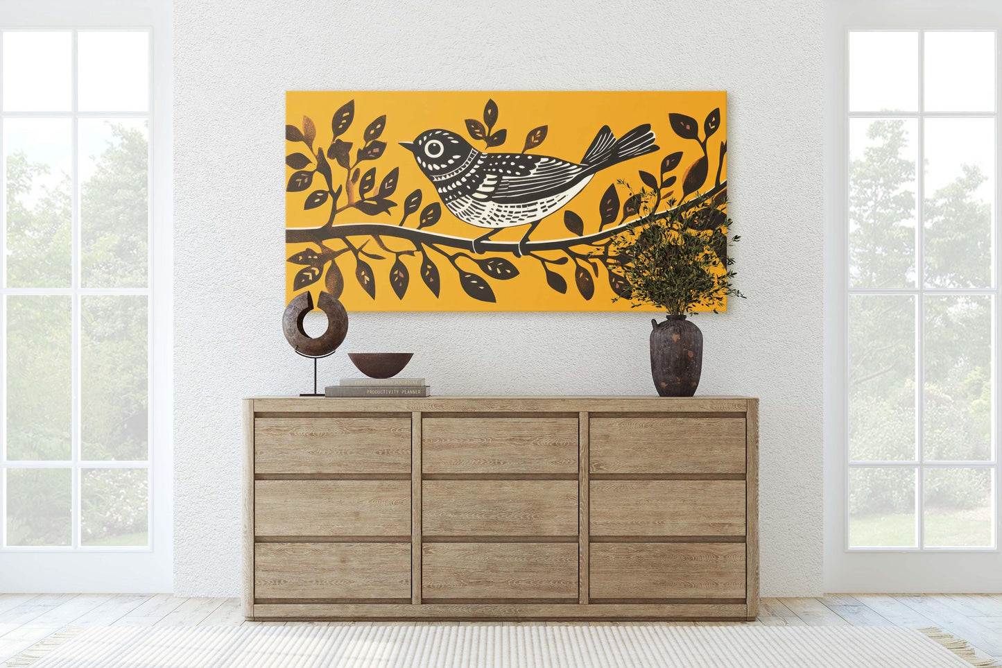 Linocut Bird Art, Scandinavian Art, Contemporary Decor