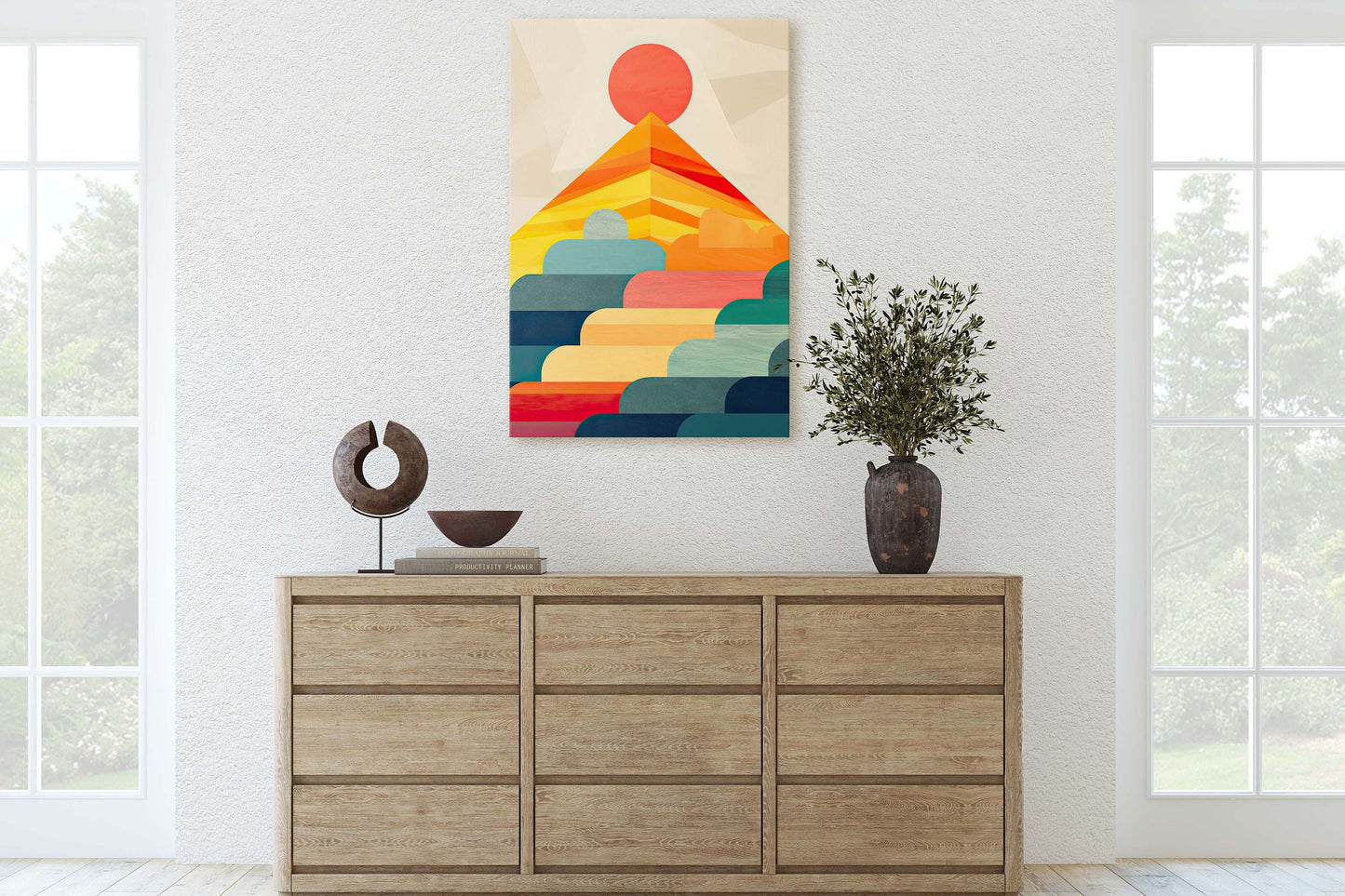 Cloudy Mountain on Canvas, Sunset Decor, Flat Art, Vibrant Color, Bold Art, Vertical, Abstract, Mid Century Modern, Scandinavian Print