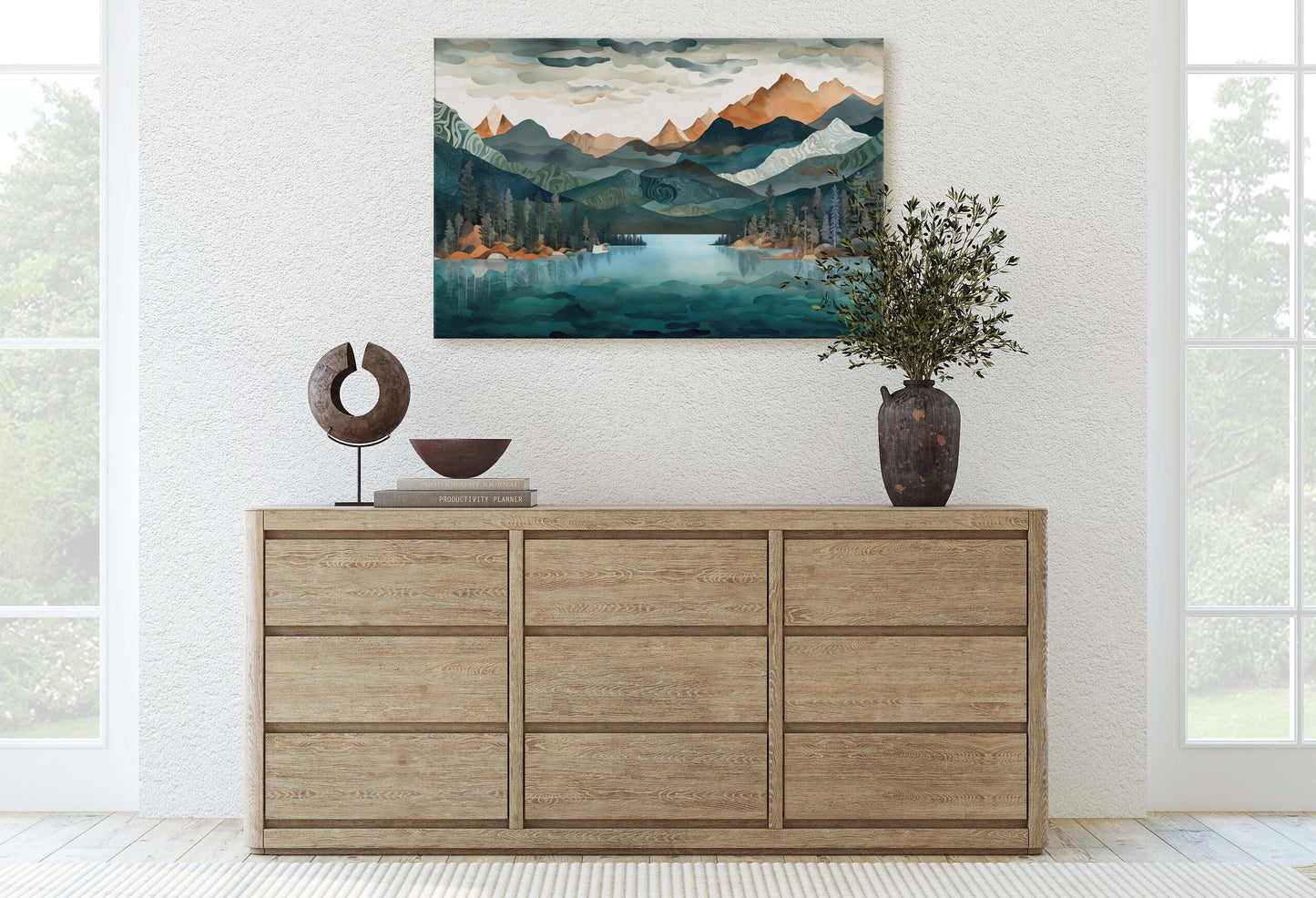 Lakeside Mountains on Canvas, Lake View mountains, Abstract Landscape, Modern Landscape, Neutral Tones, Subtle color, Watercolor Print
