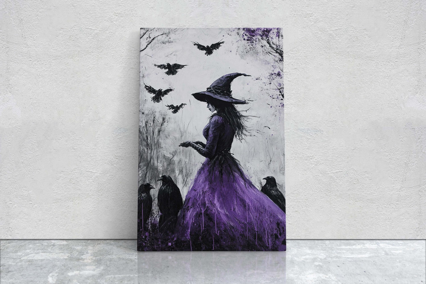 Purple Witch, Raven Art, Canvas Print, Gothic Halloween, Whimsical Decor, Halloween Art,