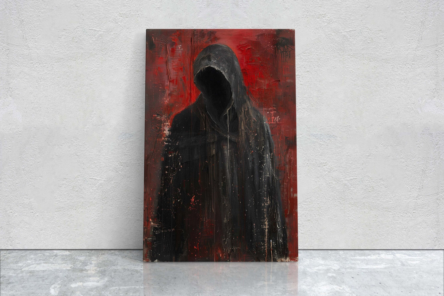 Figure of Death, Dark Robed Figure, Creepy Painting, Gothic Art, Dark Academia, Victorian Art, Red Decor
