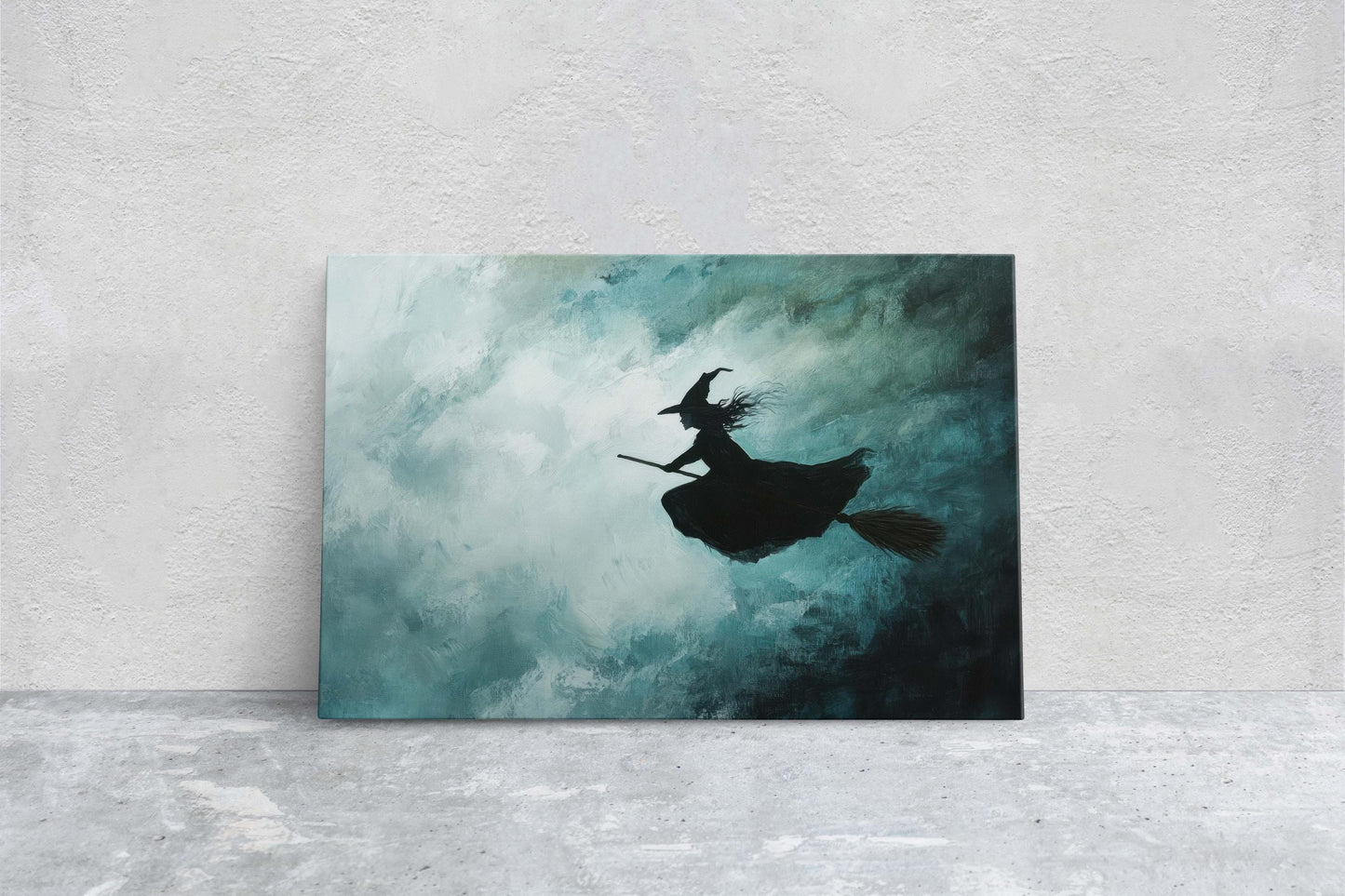 Flying Witch, Witch on Broomstick, Whimsical Decor, Full Moon, Halloween Art, Cloudy, Fall Art