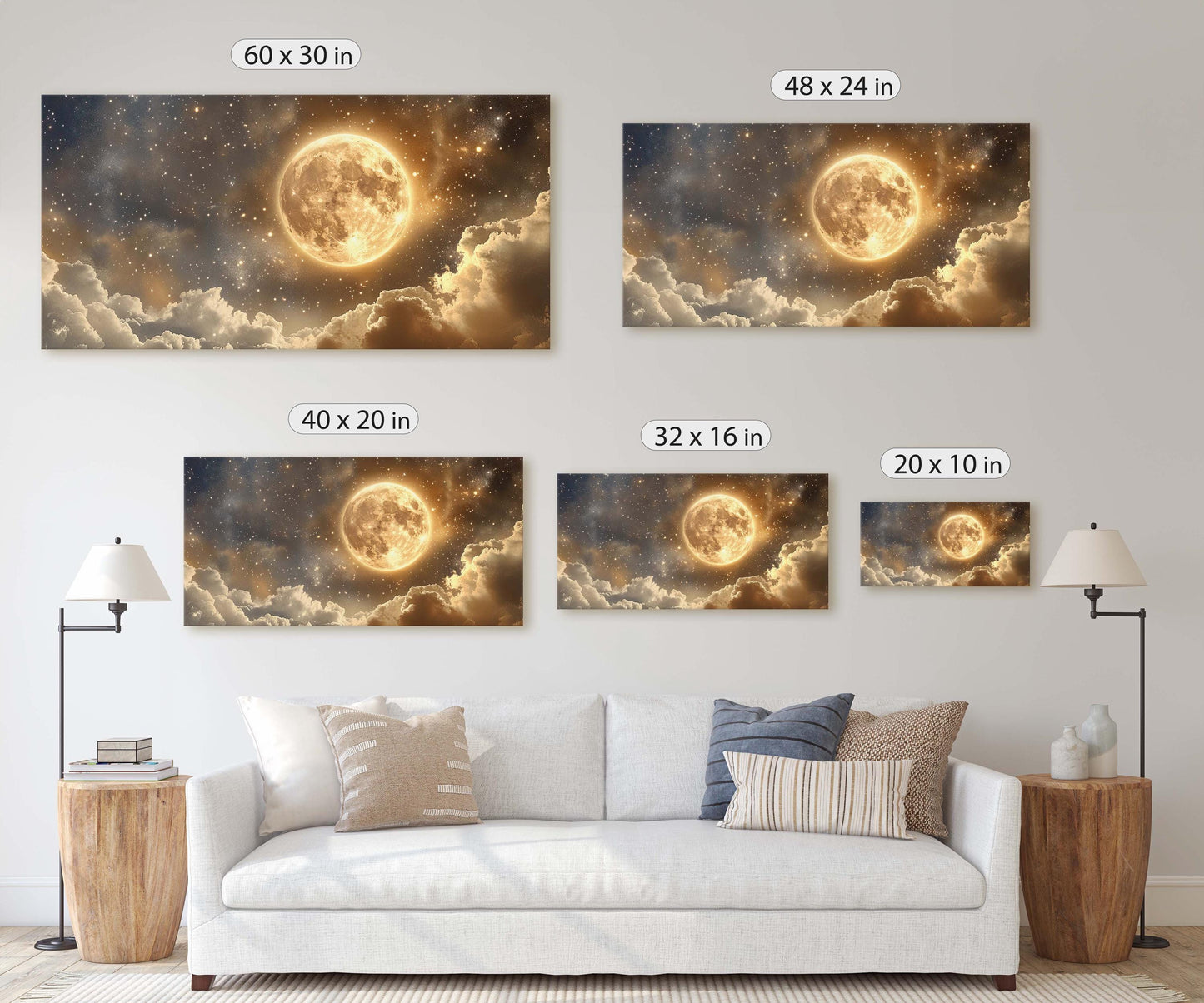 Full Moon Vintage ,Cloudy Moon Sky, Moon Painting, Moon and Stars