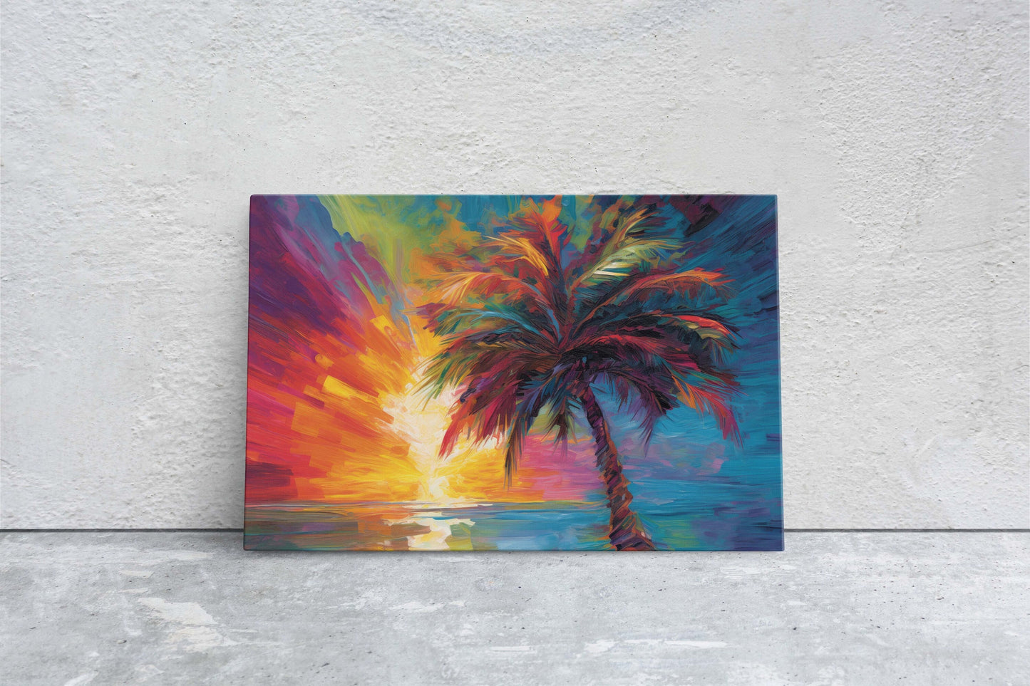 Modern Palm Tree on Canvas, Contemporary Art, Colorful Beach, Vivid Tree, Mid Century, Abstract Plant, Framed Canvas, Waterfront, Ocean