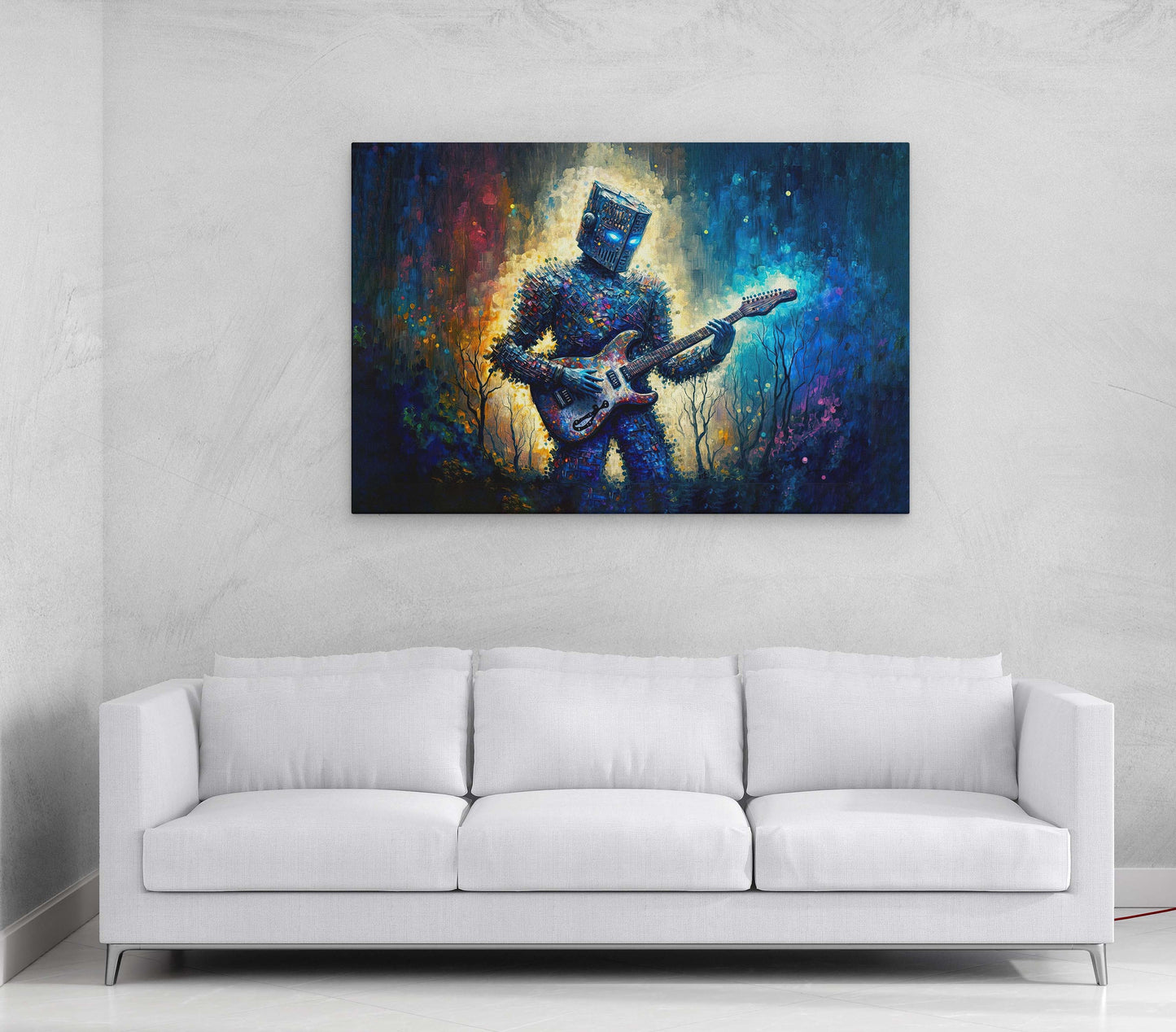 Robot Guitar Canvas Art Ready To Hang Large Print, Man Cave, Video Game, Retro Fururistic, Colorful
