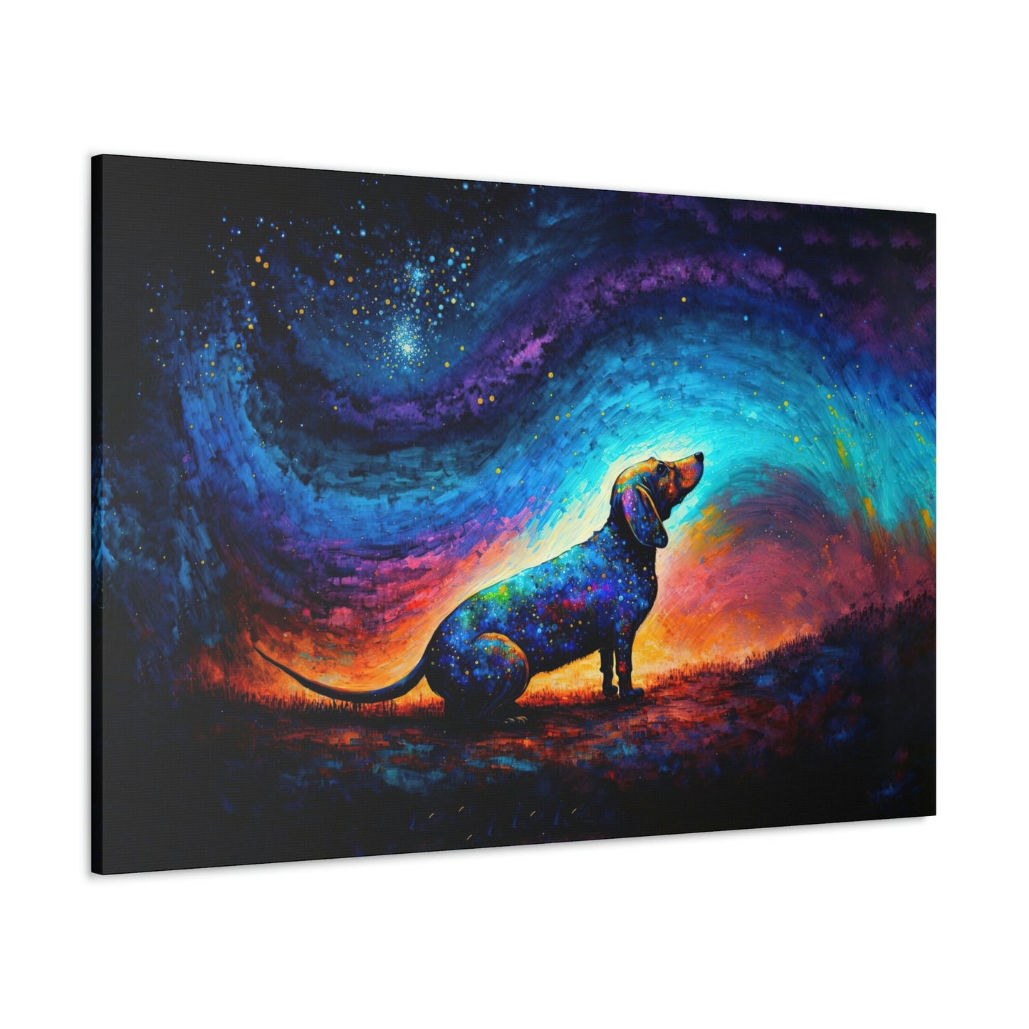 Star Gazing Dachshund Canvas Art Ready To Hang Large Print, Oil Painting, Colorful, Dog, Space, Galaxy