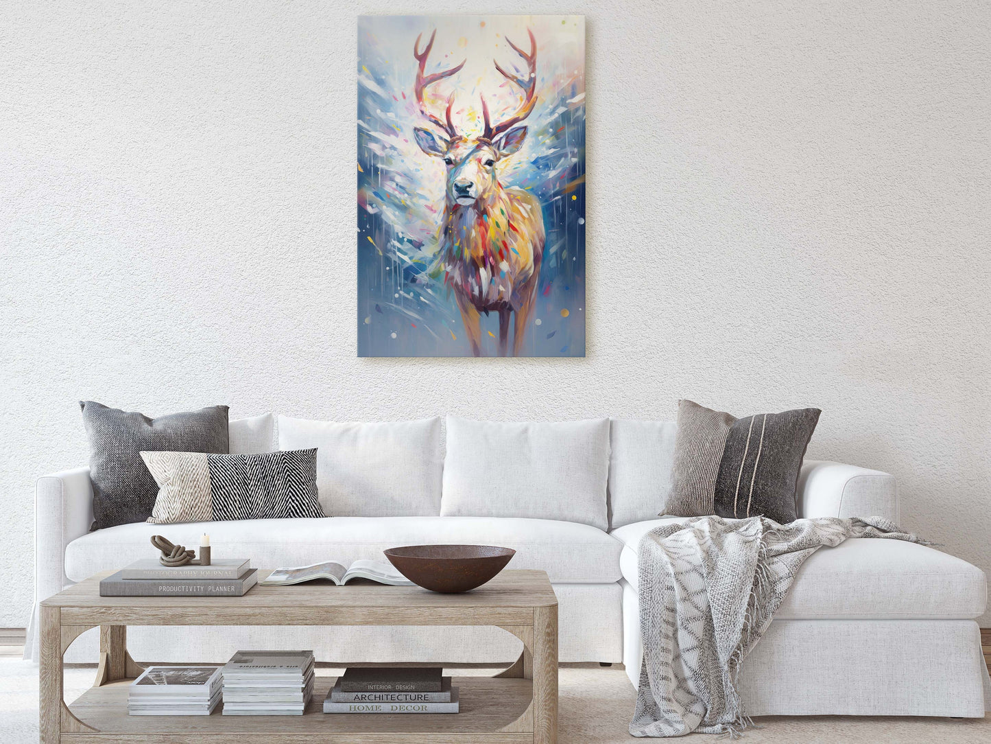 Reindeer Painting, Colorful Reindeer, Winter Art, Festive Decor, Xmas Print, Framed Canvas, Reindeer Print, Christmas Print